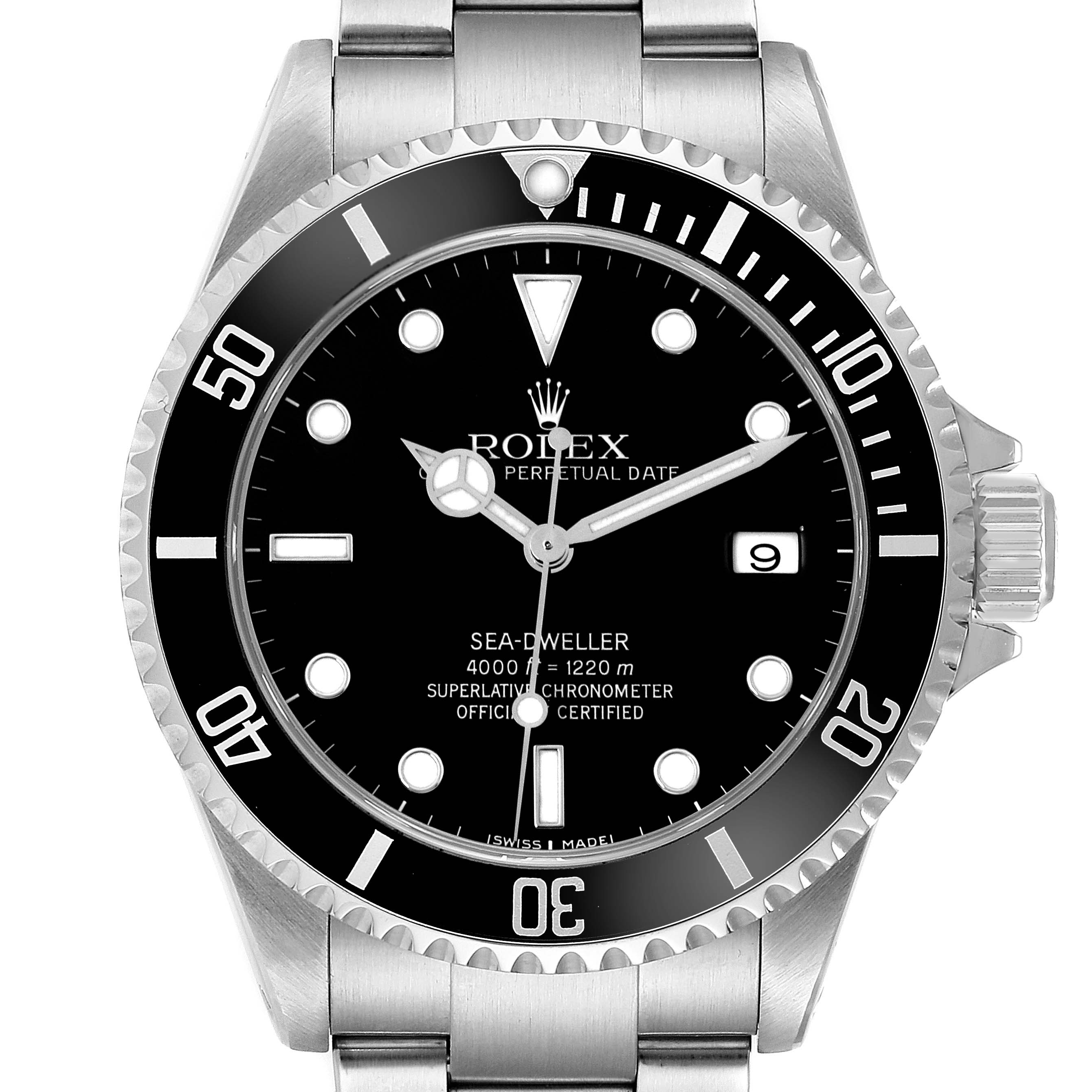 The Rolex Sea-Dweller model 16600 is shown from the front, highlighting its dial, bezel, crown, and part of the bracelet.