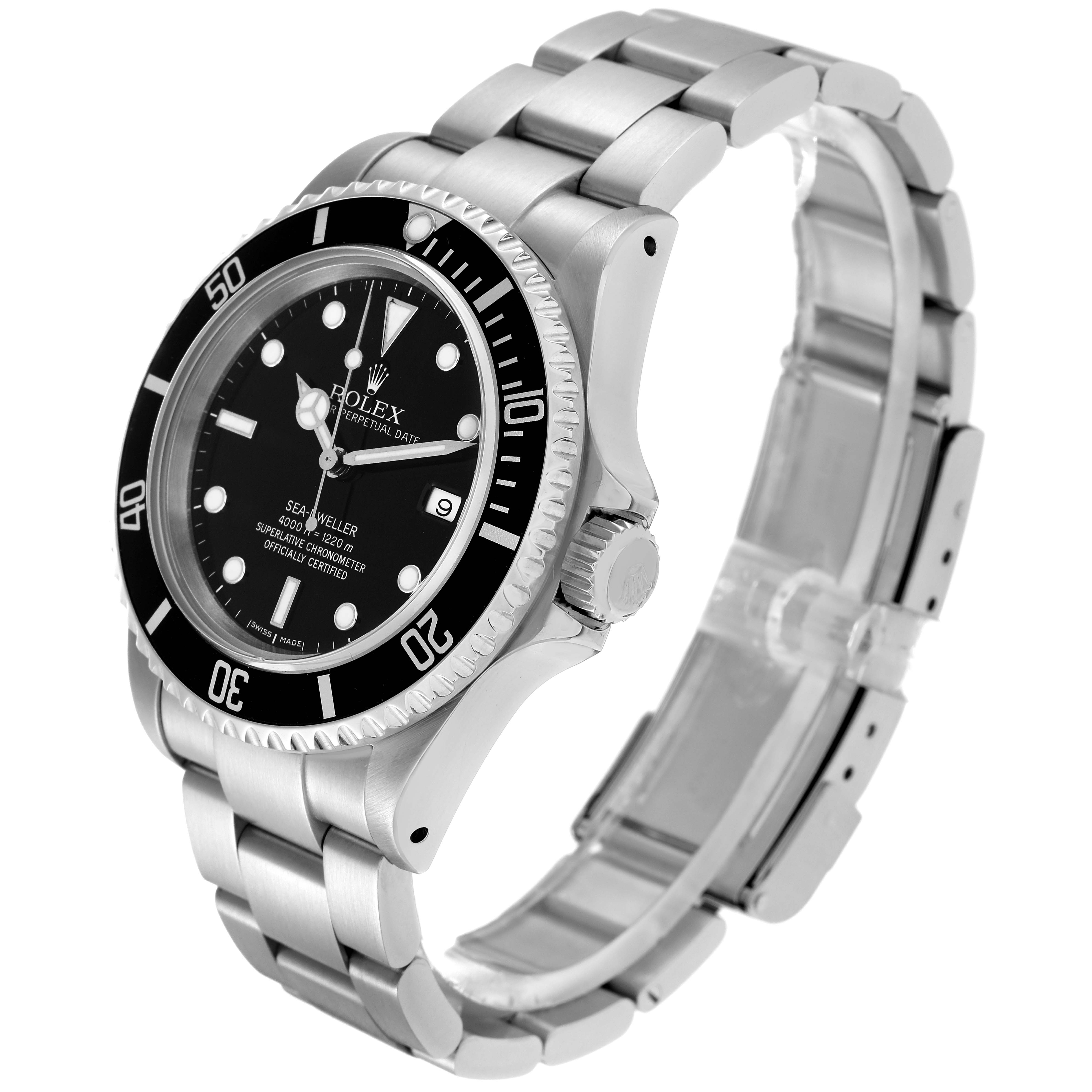 The Rolex Sea-Dweller 16600 is shown at a three-quarter angle, displaying the watch face, bezel, crown, and stainless steel bracelet.