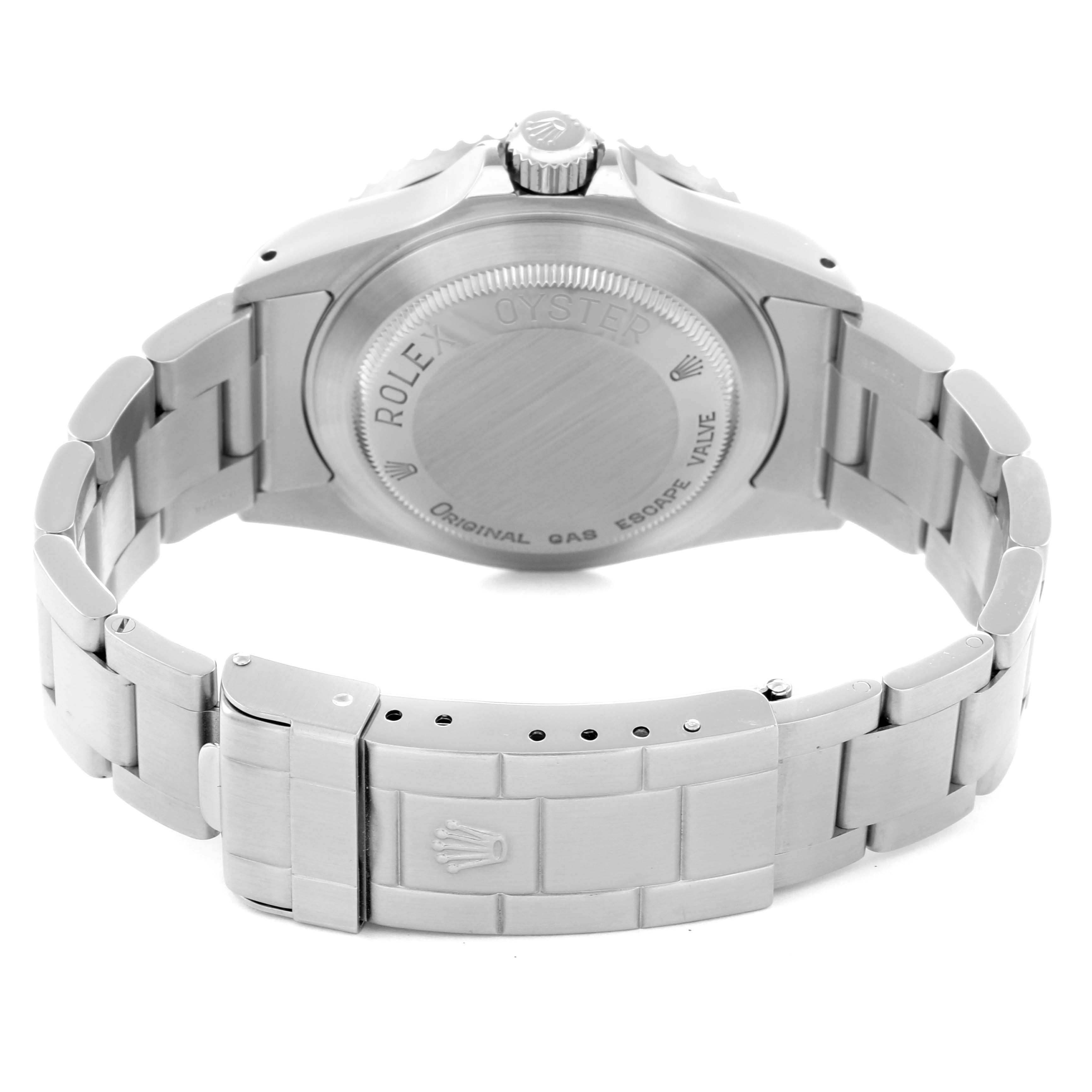 The image shows the back view of a Rolex Sea-Dweller model 16600, highlighting its case back and bracelet clasp.