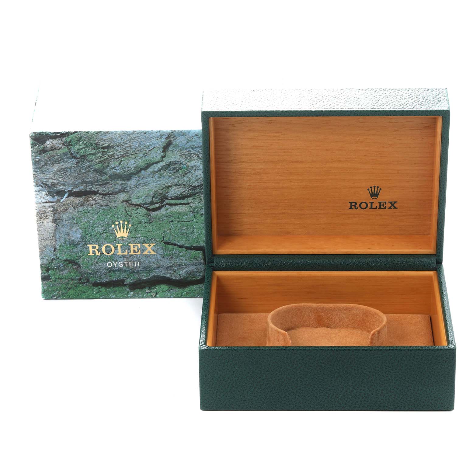 The image shows an open green Rolex box with a wood interior and a holder for the Sea-Dweller model 16600, with the outer box featuring a textured design.