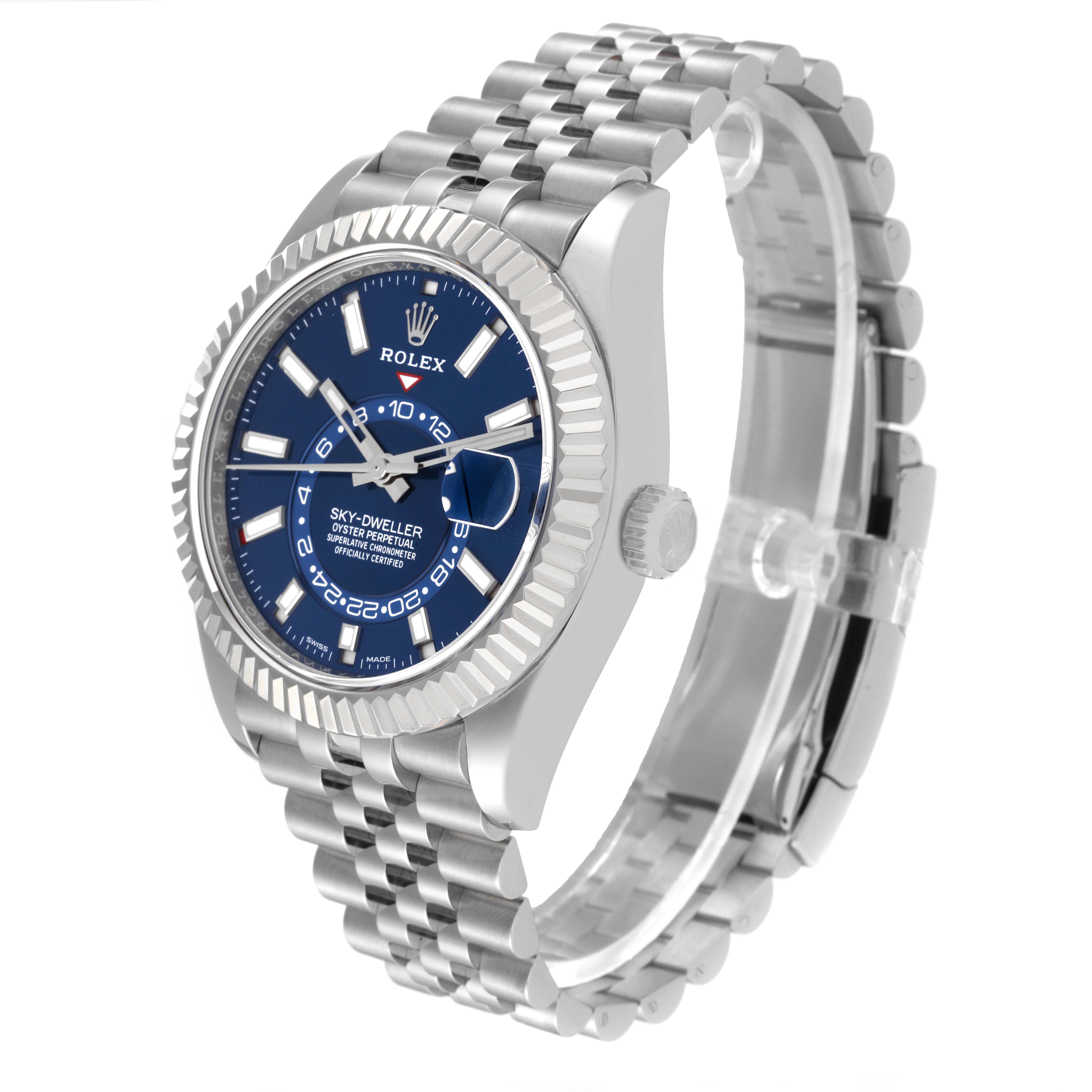 The image shows a Rolex Sky-Dweller 326934 Men
s Stainless Steel Blue Dial 326934 Men
s Stainless Steel Blue Dial watch from an angled front view, highlighting the face, bezel, crown, and bracelet.