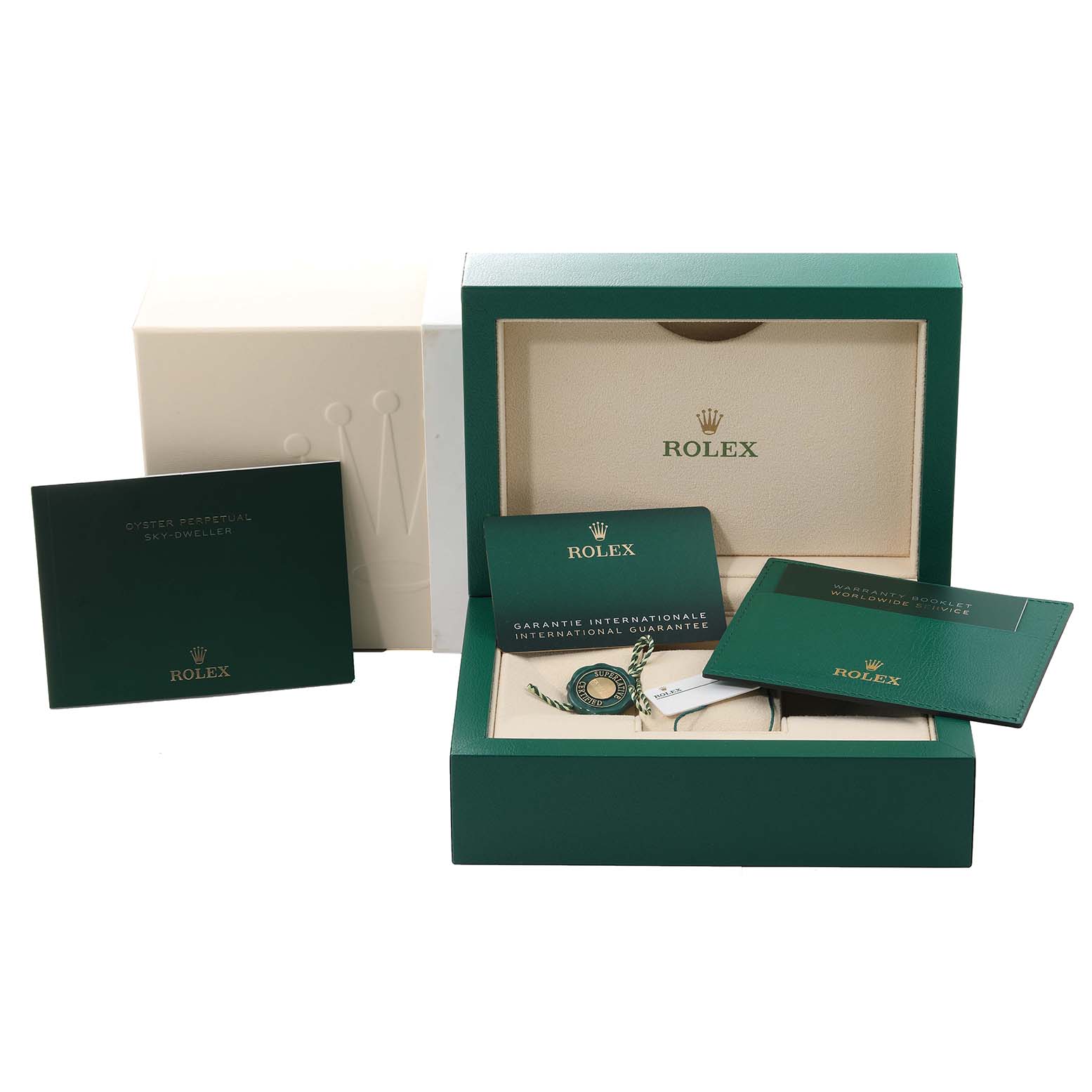 This image shows the packaging and accessories for a Rolex Sky-Dweller 326934 Men
s Stainless Steel Blue Dial 326934 Men
s Stainless Steel Blue Dial watch, including the box, warranty cards, and booklet.