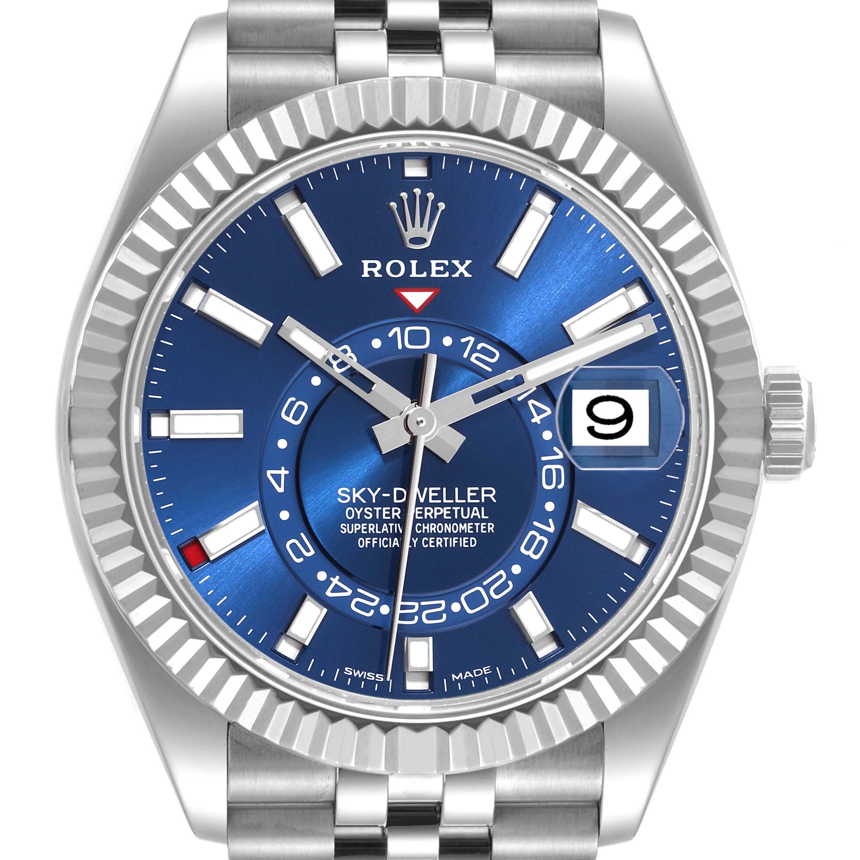 The image shows a front view of a Rolex Sky-Dweller 326934 Men
s Stainless Steel Blue Dial 326934 Men
s Stainless Steel Blue Dial watch with a blue dial, fluted bezel, and date window.