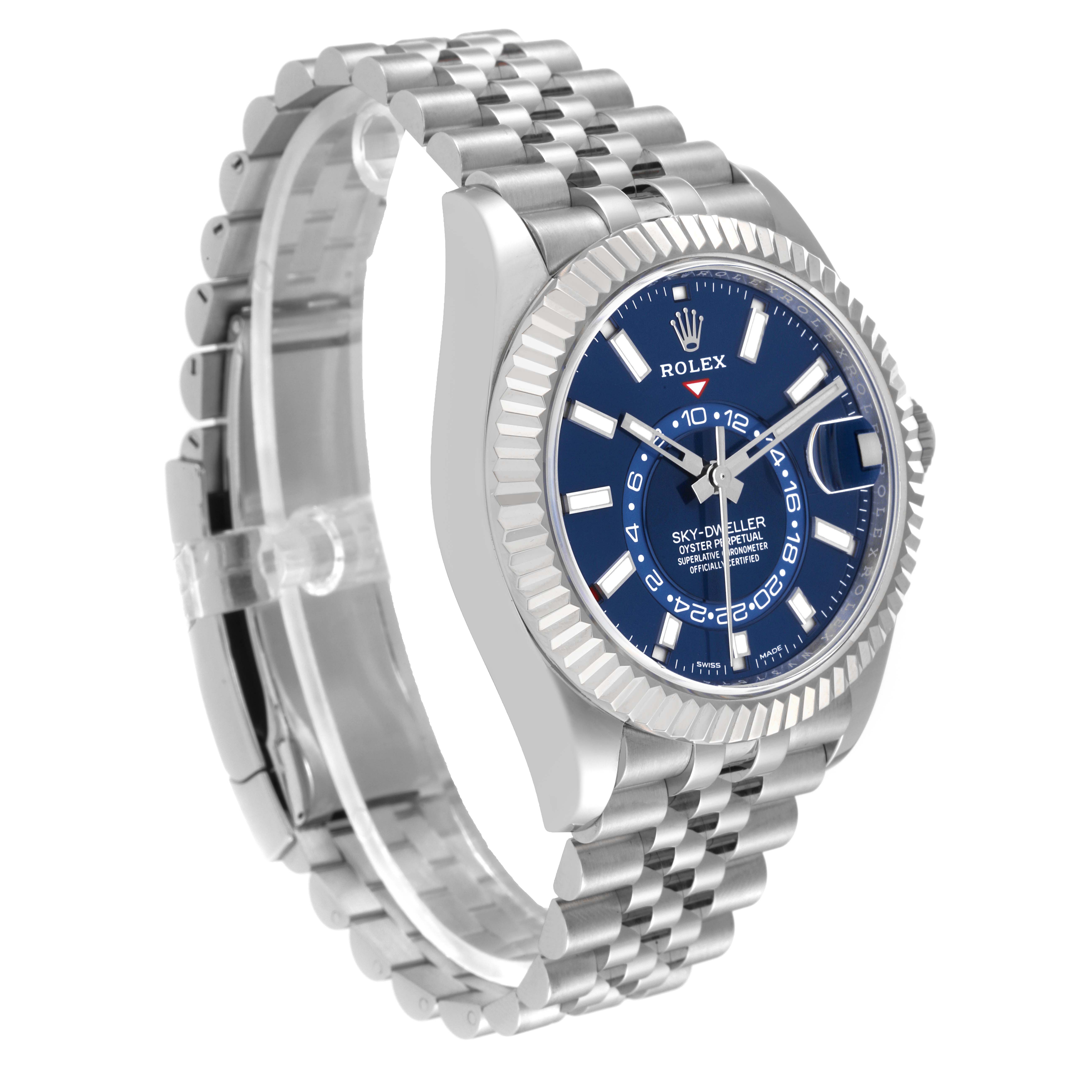 The Rolex Sky-Dweller 326934 Men
s Stainless Steel Blue Dial 326934 Men
s Stainless Steel Blue Dial watch is shown at a three-quarter angle highlighting the blue dial, bezel, and bracelet.