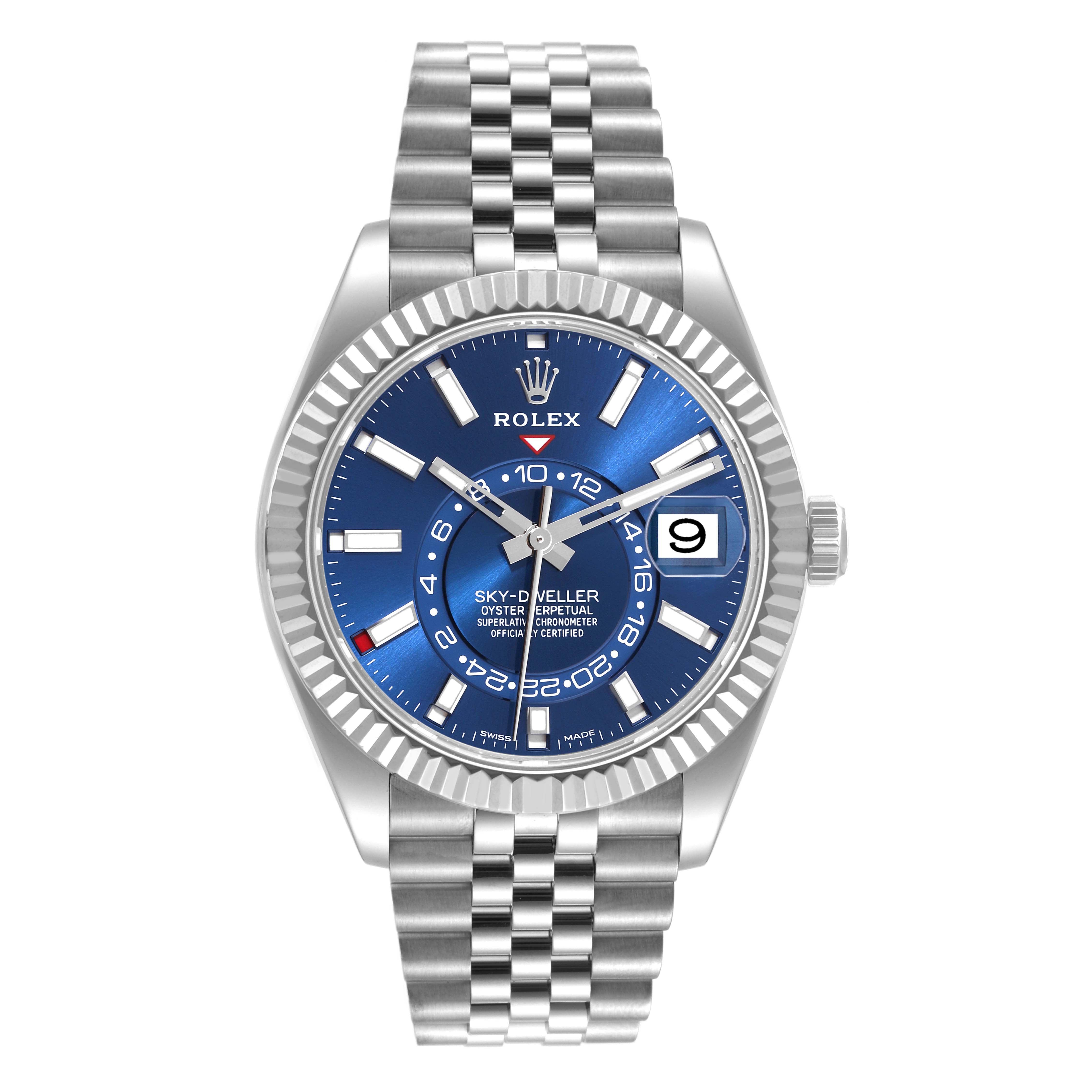 This is a frontal view of a Rolex Sky-Dweller 326934 Men
s Stainless Steel Blue Dial 326934 Men
s Stainless Steel Blue Dial watch, showcasing the blue dial, fluted bezel, date display, and stainless steel bracelet.