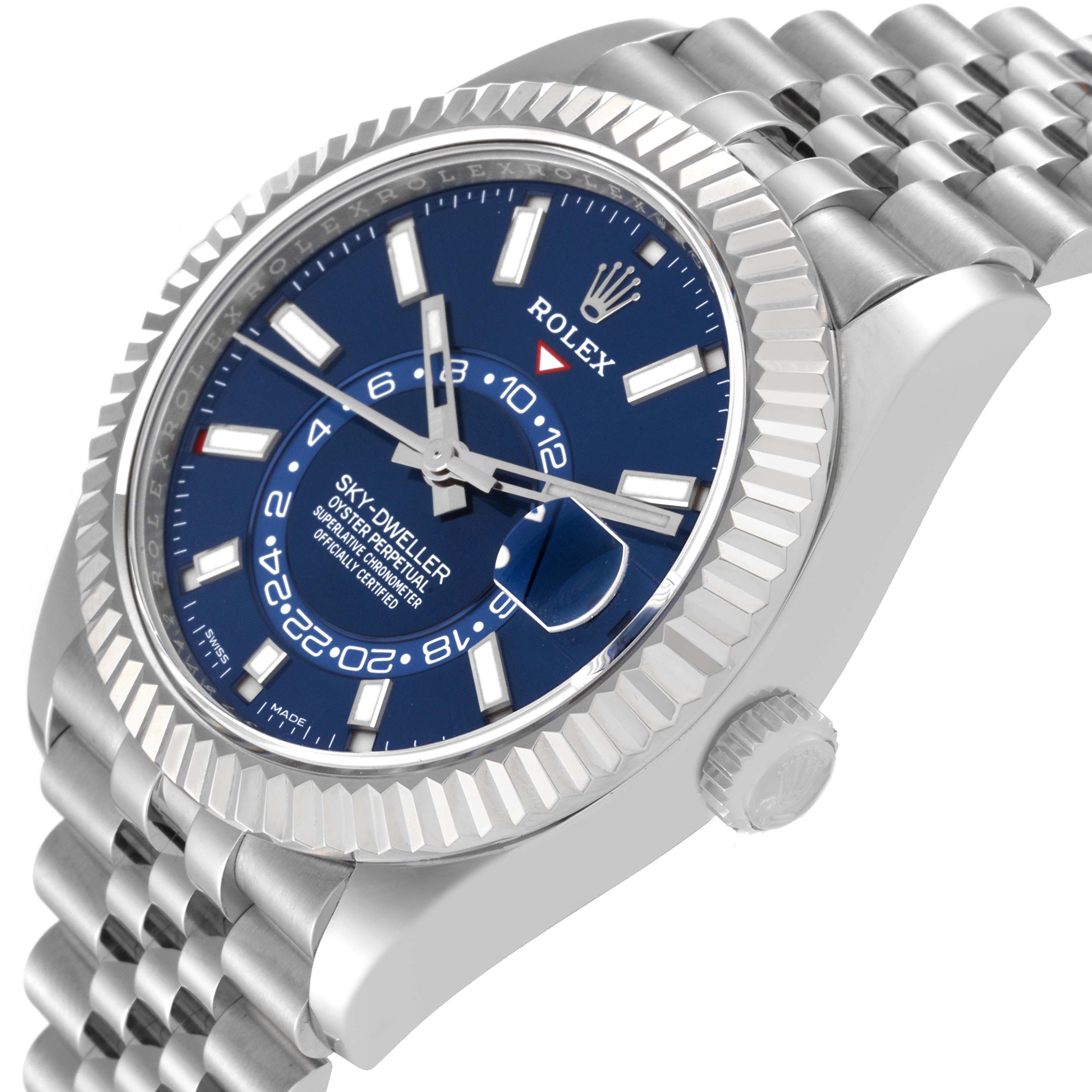 The image shows a Rolex Sky-Dweller 326934 Men
s Stainless Steel Blue Dial 326934 Men
s Stainless Steel Blue Dial watch at a slight angle, highlighting its bezel, crown, blue dial, and stainless steel bracelet.