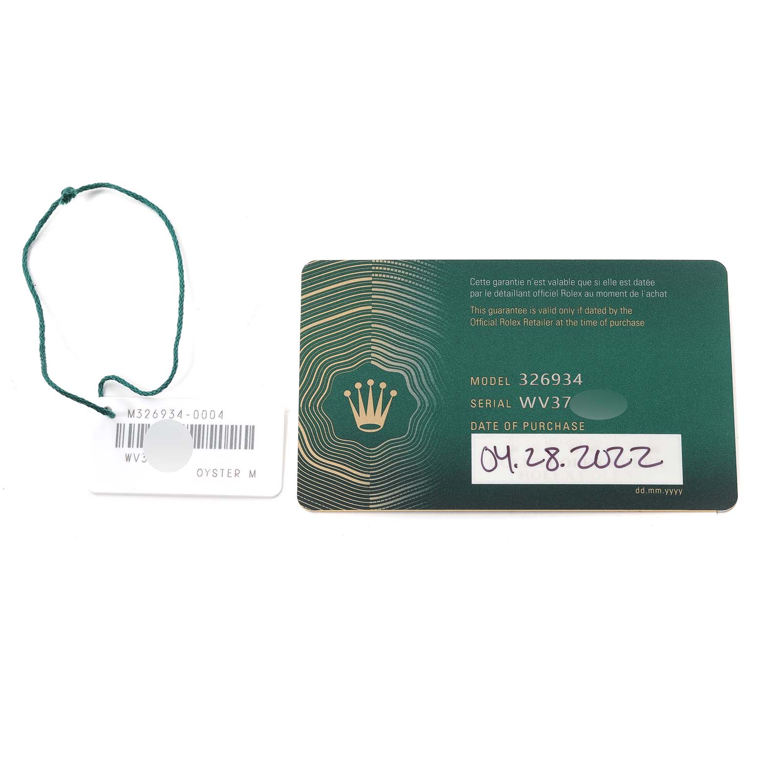 The image shows a Rolex Sky-Dweller 326934 Men
s Stainless Steel Blue Dial 326934 Men
s Stainless Steel Blue Dial model Best Quality
ation card and a tag with details and date of purchase.