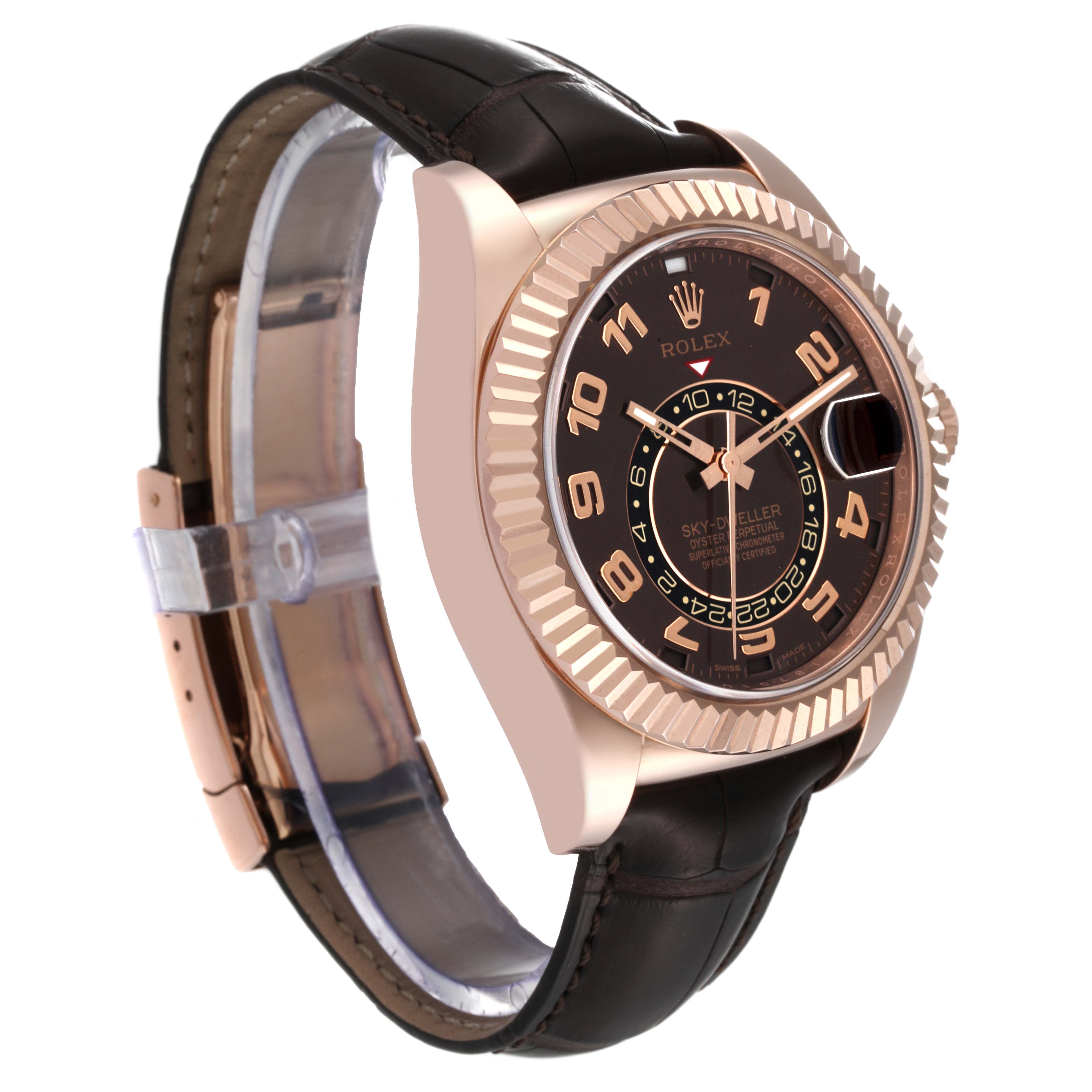 This image shows a Rolex Sky-Dweller 326135 Men's Rose Gold Brown Dial 326135 Men's Rose Gold Brown Dial watch at a 3/4 angle, highlighting the dial, bezel, case, and leather strap.