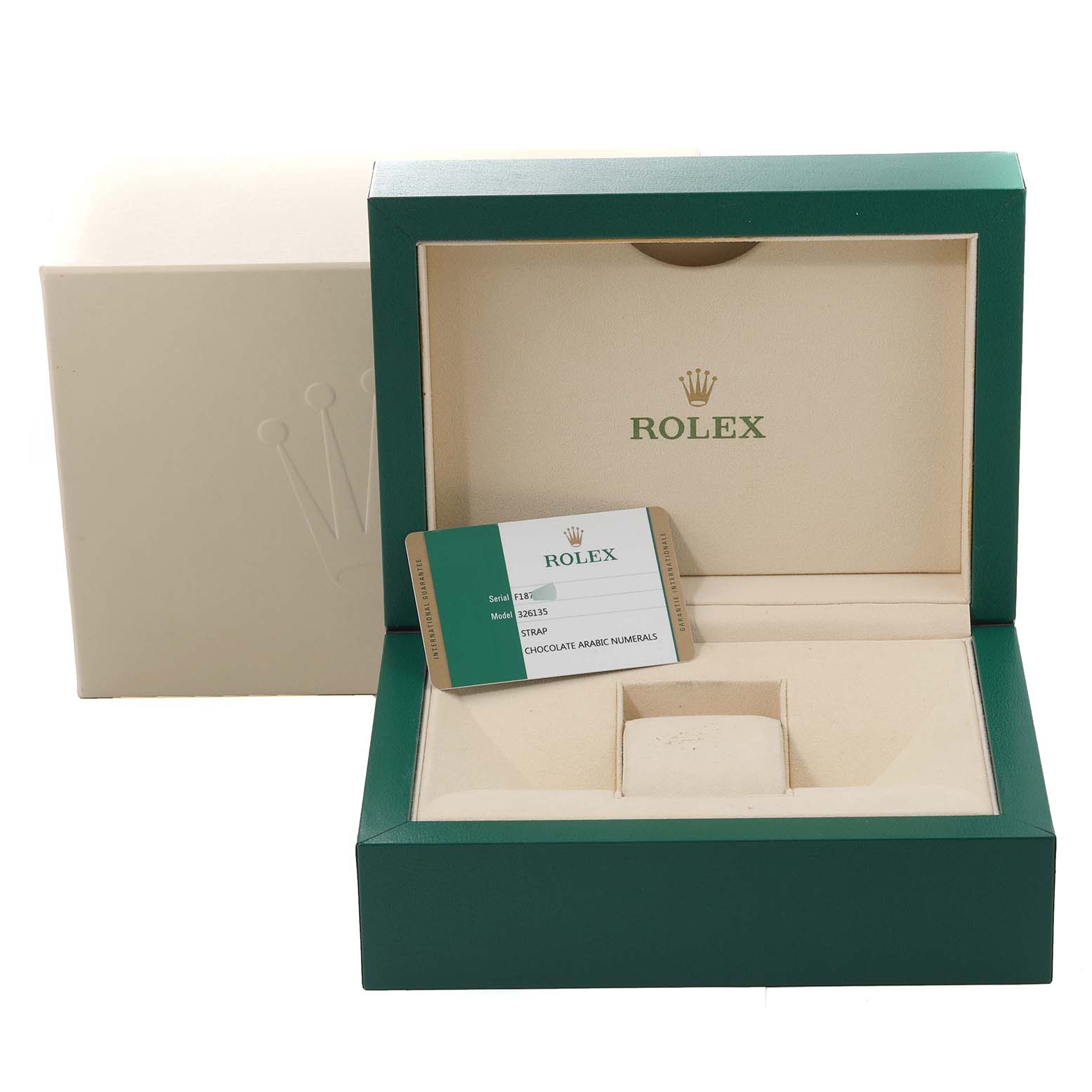 This image shows the packaging and authenticity card for a Rolex Sky-Dweller 326135 Men's Rose Gold Brown Dial 326135 Men's Rose Gold Brown Dial watch, with an open box and a beige exterior case.