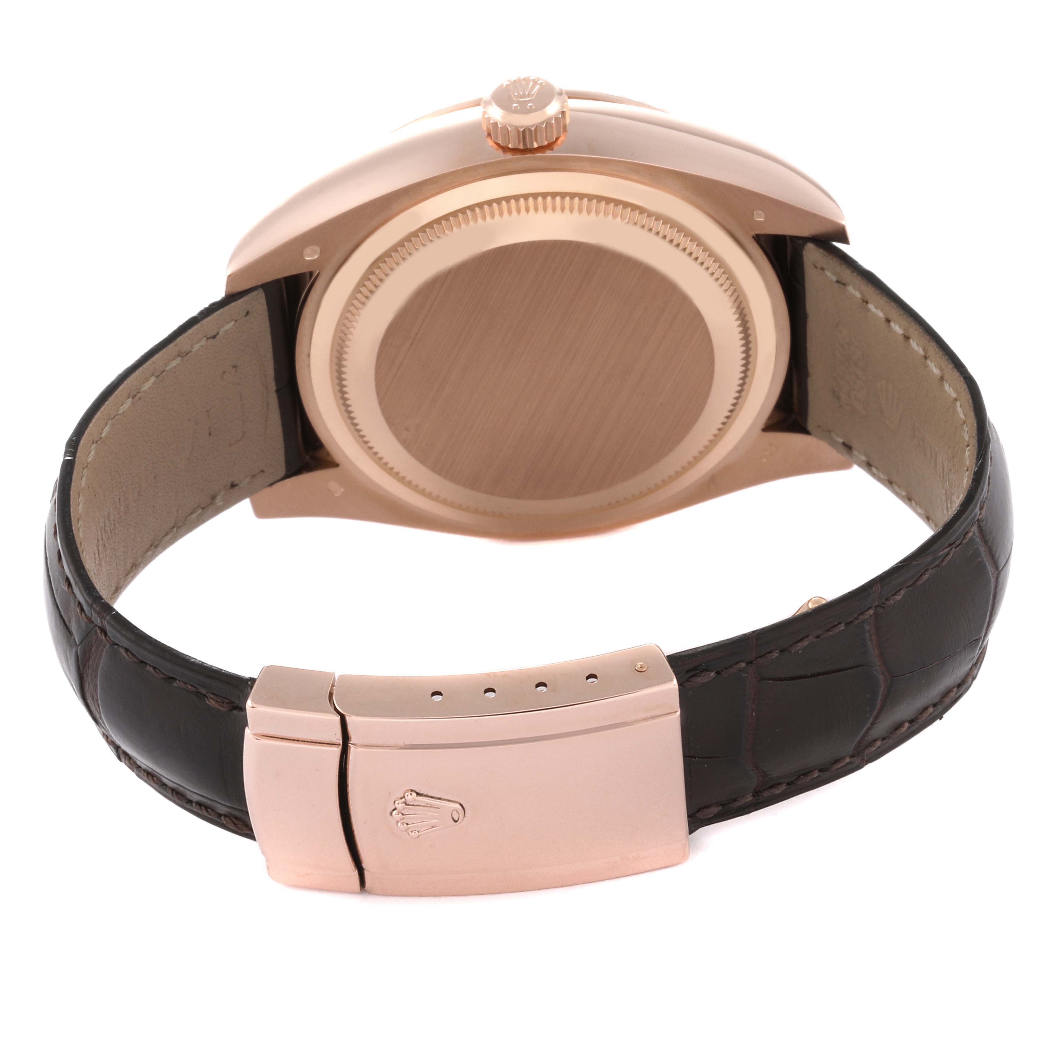 The image shows the back case, crown, and clasp of the Rolex Sky-Dweller 326135 Men's Rose Gold Brown Dial 326135 Men's Rose Gold Brown Dial watch from a rear angle.
