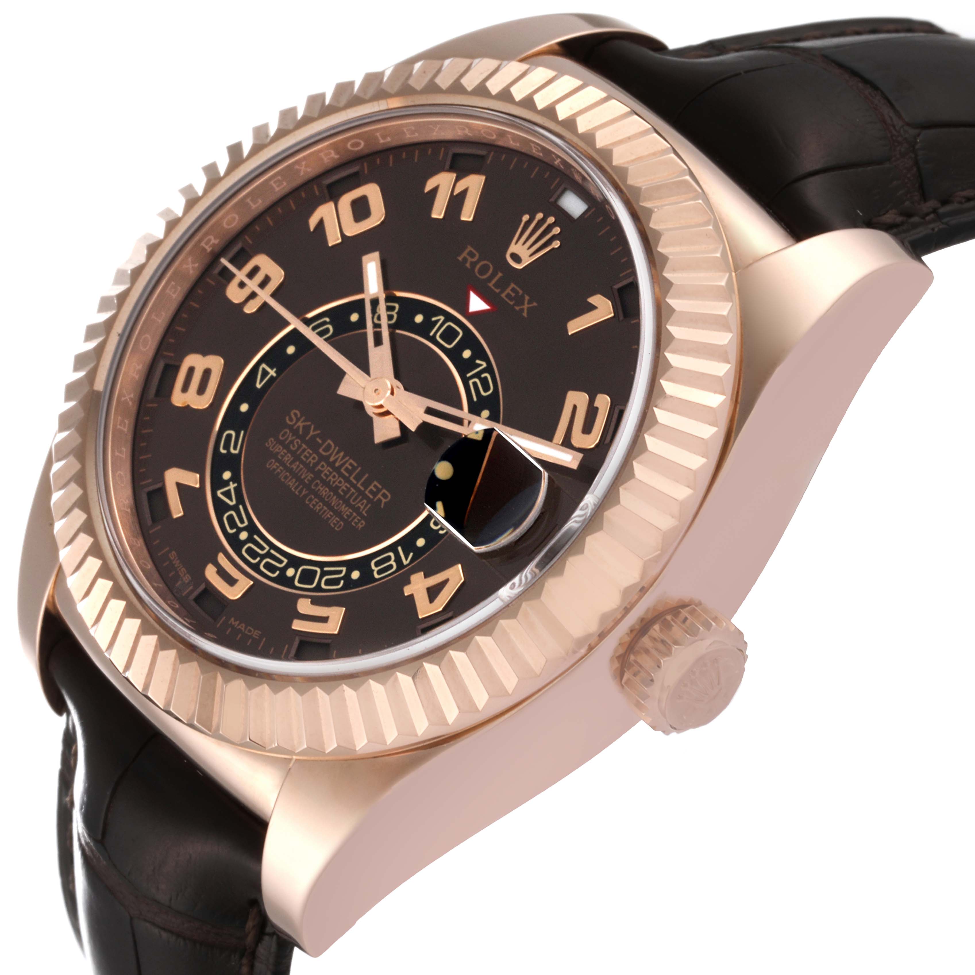 The Rolex Sky-Dweller 326135 Men's Rose Gold Brown Dial 326135 Men's Rose Gold Brown Dial watch is shown at a slight side angle, displaying the face, bezel, crown, and part of the leather strap.