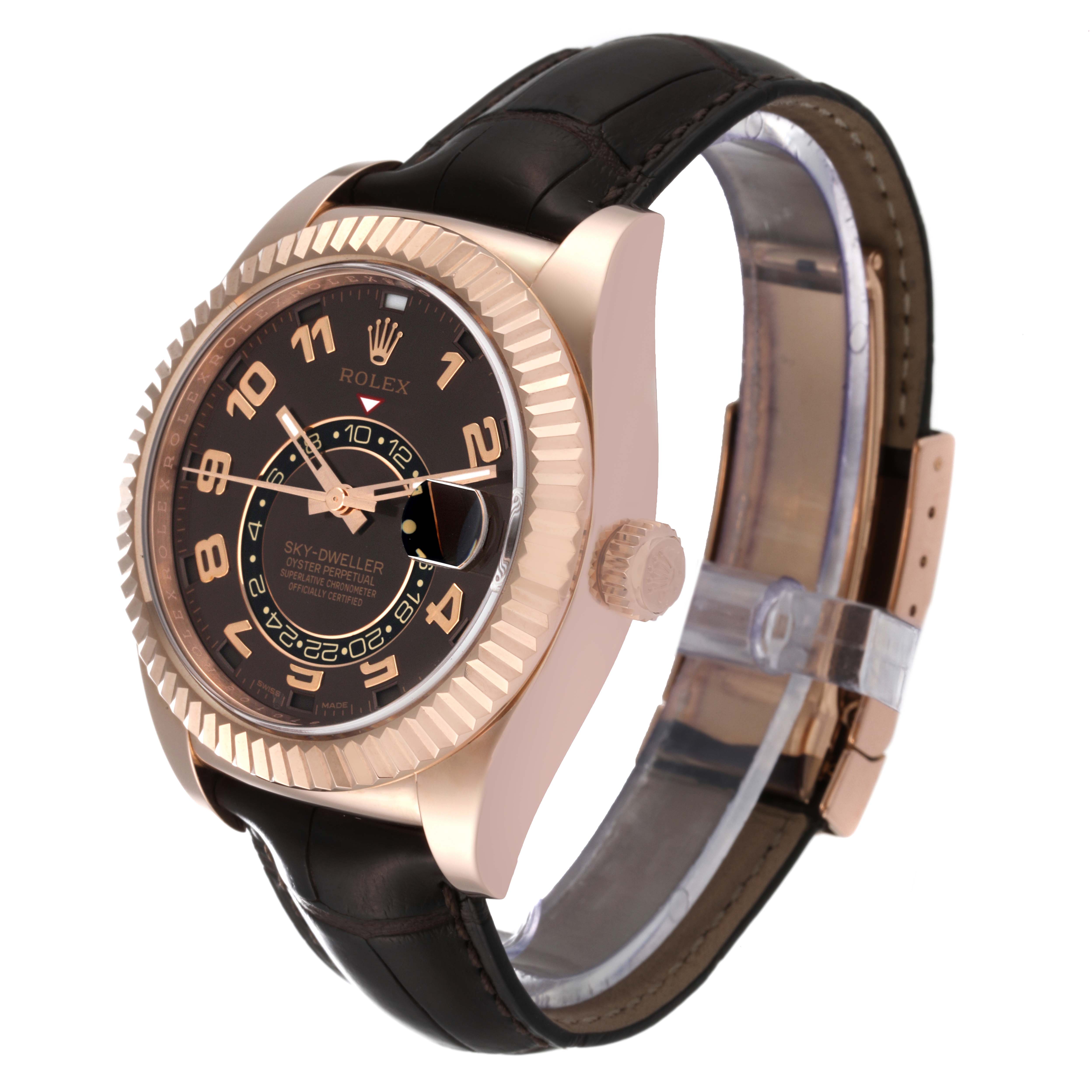 The image shows a side angle of a Rolex Sky-Dweller 326135 Men's Rose Gold Brown Dial 326135 Men's Rose Gold Brown Dial watch, highlighting the bezel, dial, crown, and strap.