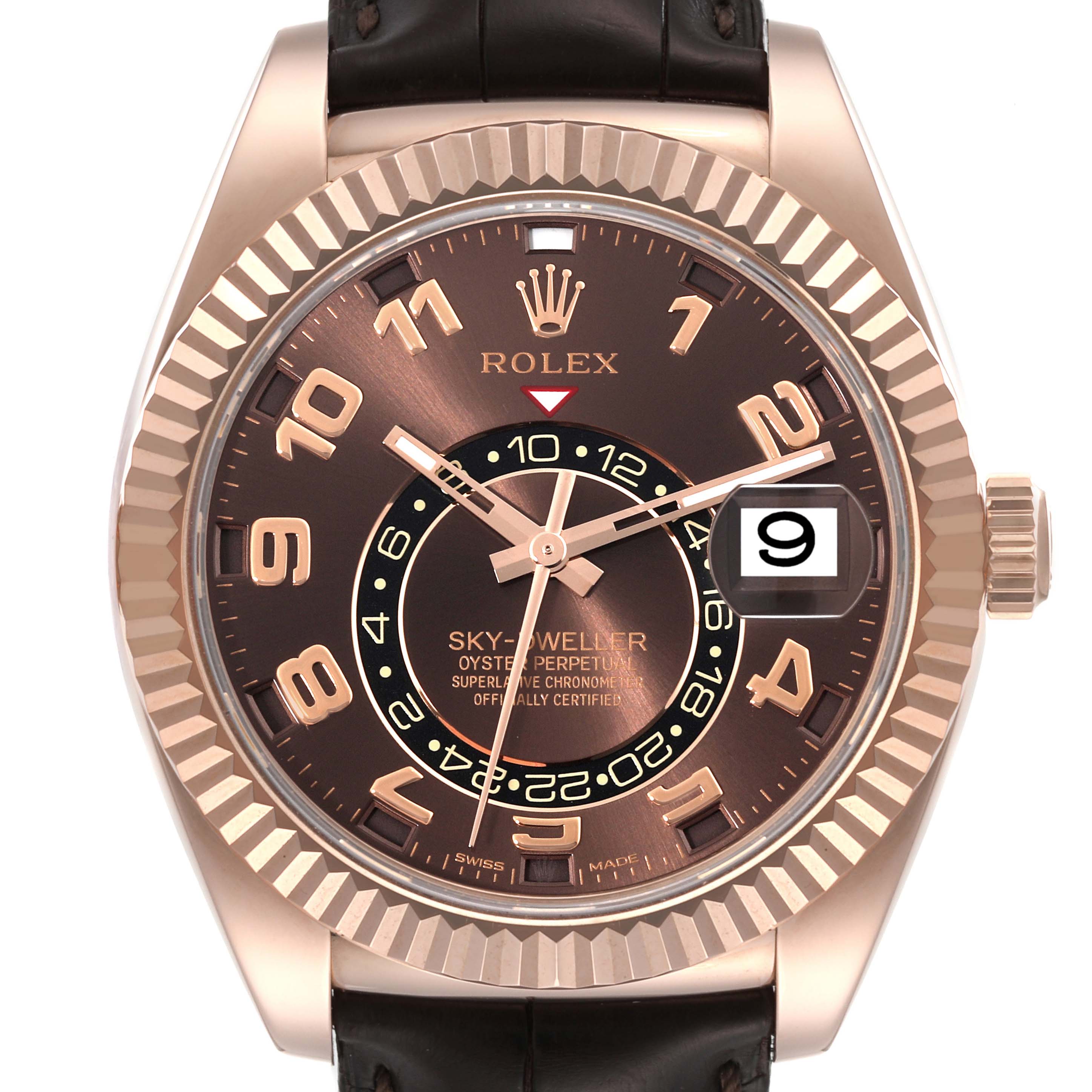 The image shows a frontal view of a Rolex Sky-Dweller 326135 Men's Rose Gold Brown Dial 326135 Men's Rose Gold Brown Dial watch, highlighting its dial, bezel, hands, numerals, and crown.