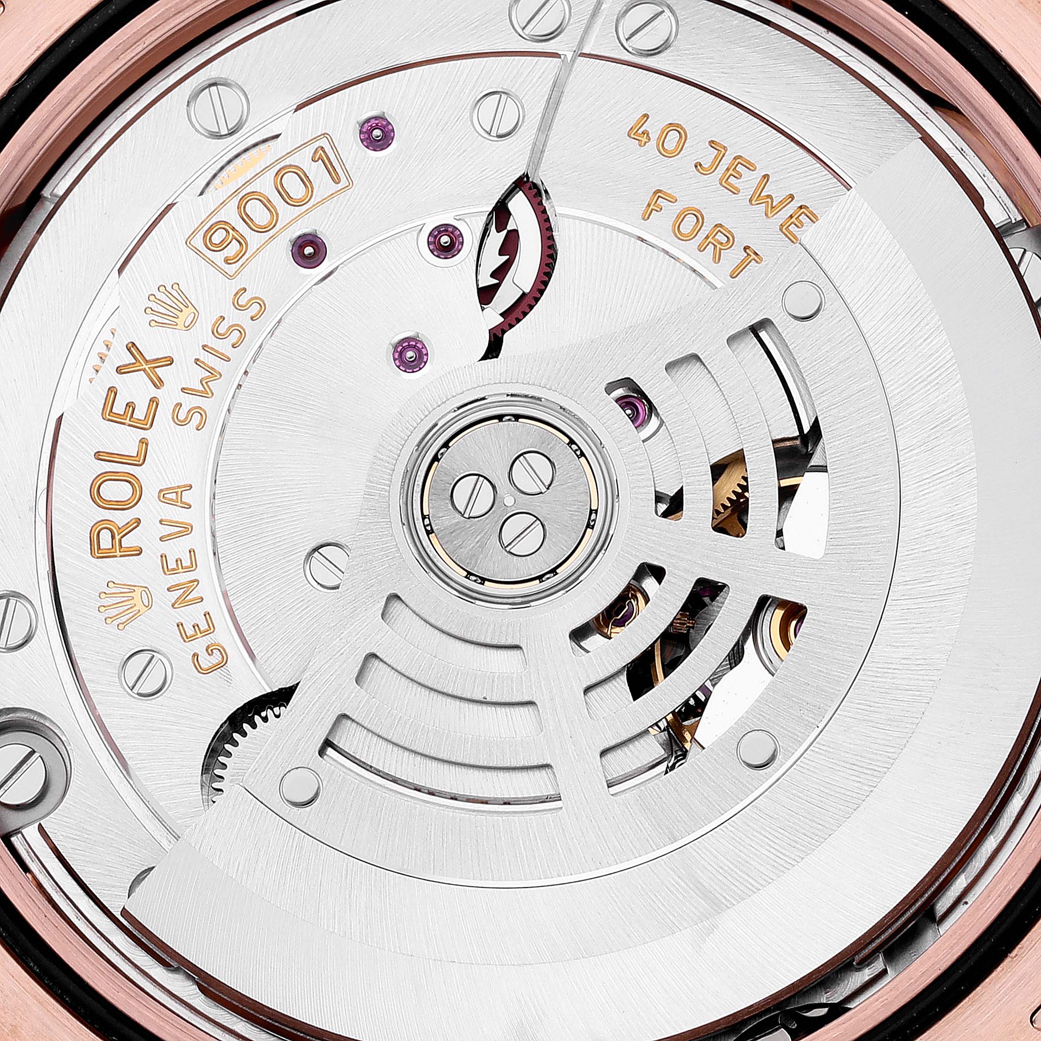 This image shows the back angle of the Rolex Sky-Dweller 326135 Men's Rose Gold Brown Dial 326135 Men's Rose Gold Brown Dial watch, highlighting its movement and internal components.