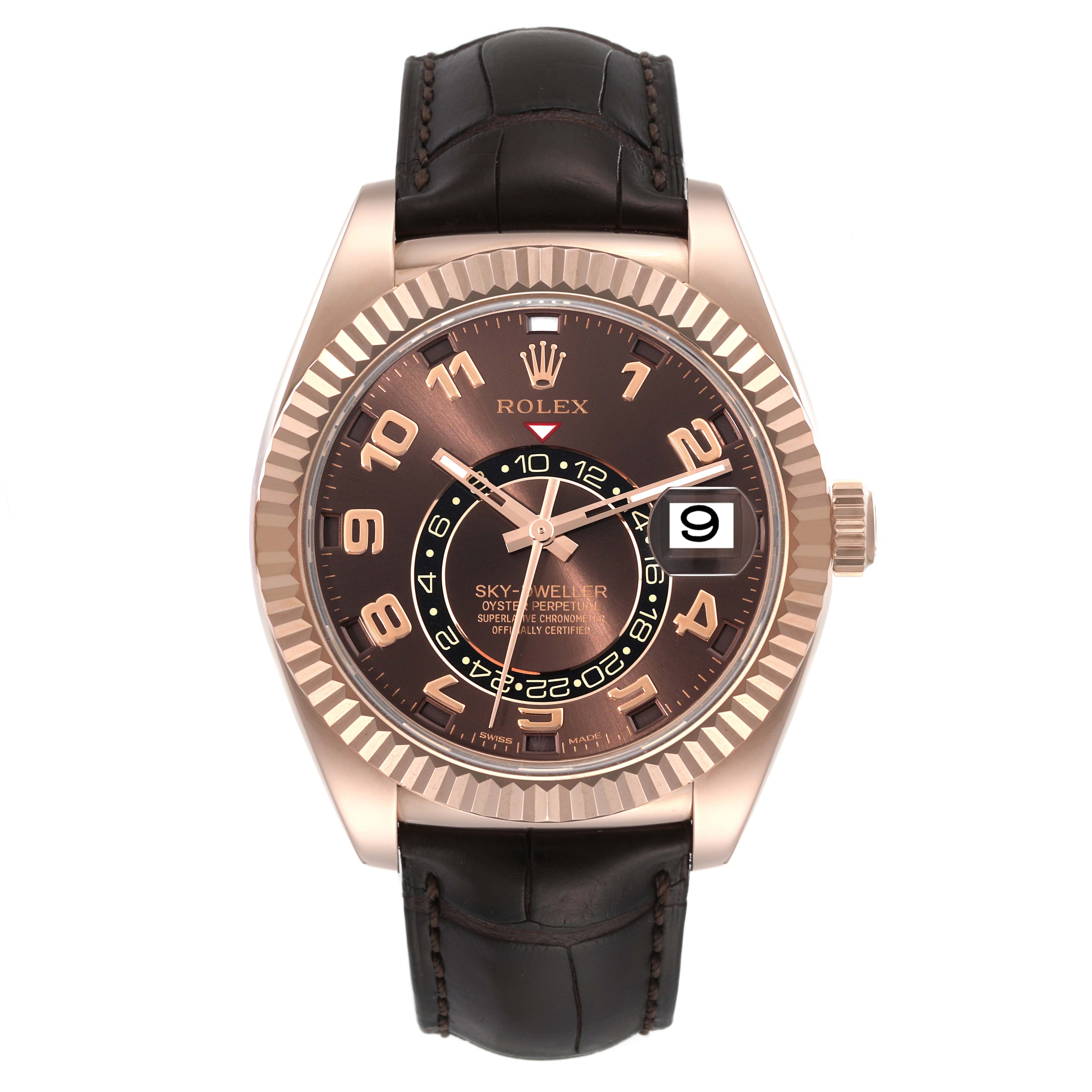 This image shows a front view of a Rolex Sky-Dweller 326135 Men's Rose Gold Brown Dial 326135 Men's Rose Gold Brown Dial watch, highlighting its dial, bezel, hands, and leather strap.