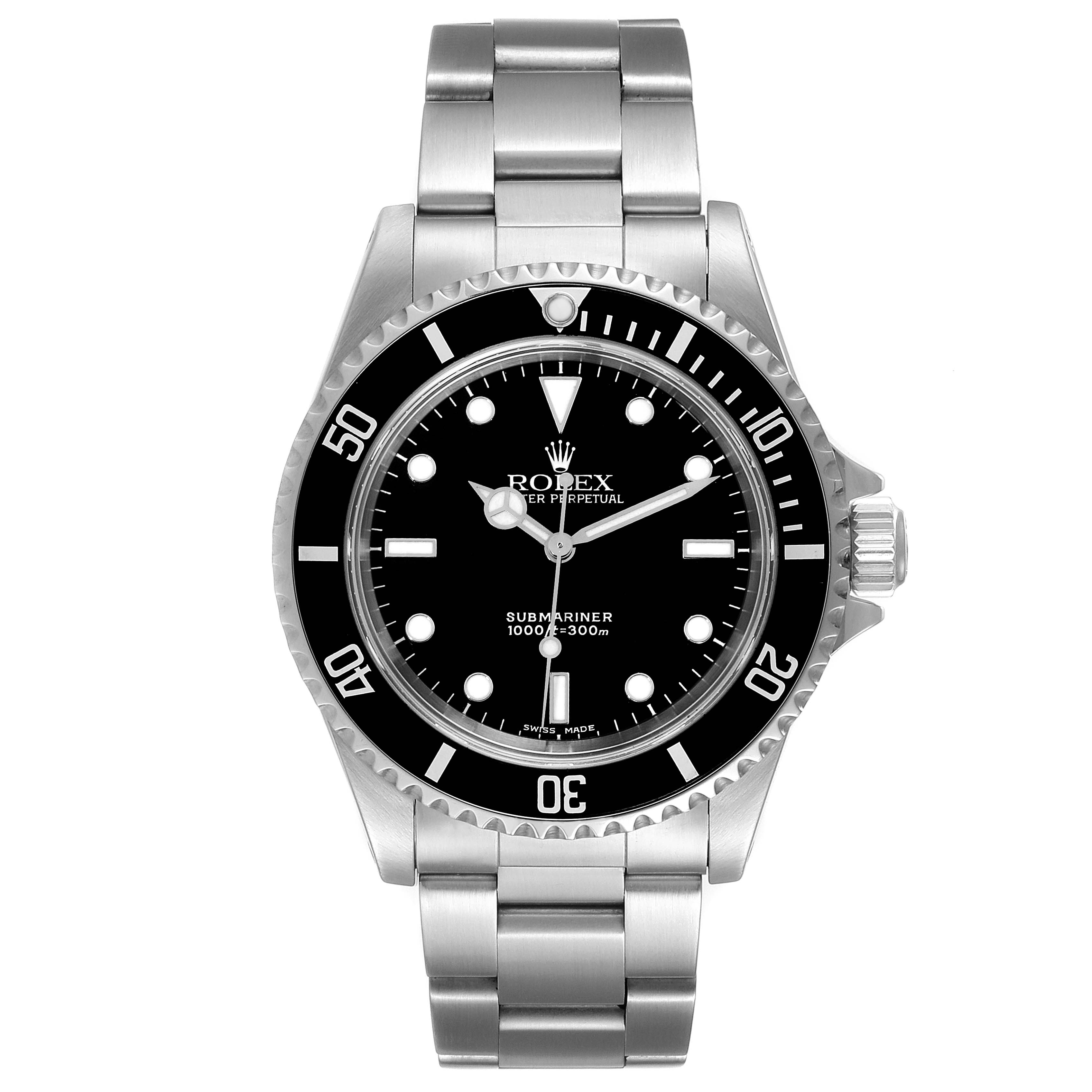 The image shows a front view of the Rolex Submariner 14060 Men
s Stainless Steel Black Dial 14060 Men
s Stainless Steel Black Dial watch, highlighting its black dial, bezel, and stainless steel bracelet.