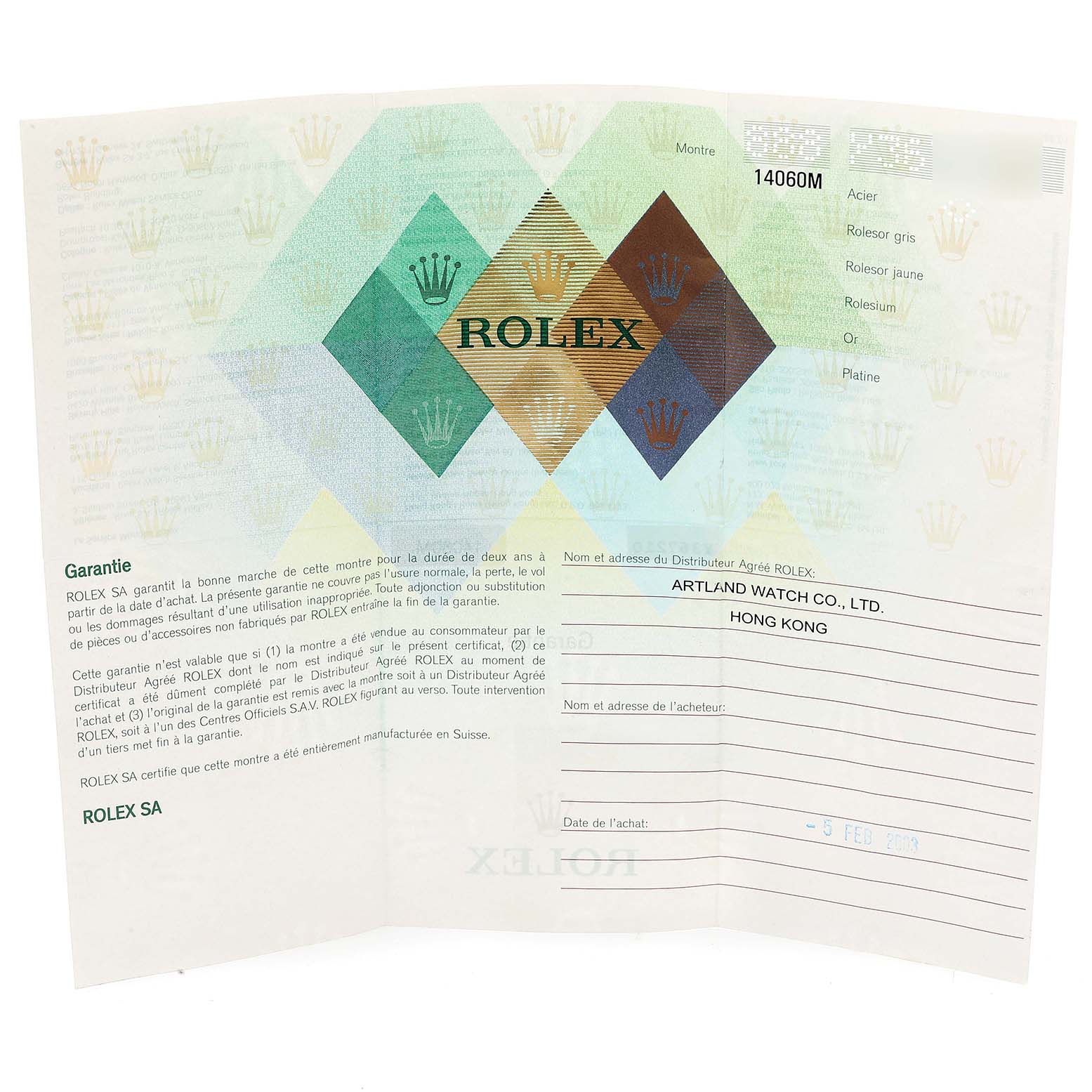 The image shows a warranty card for the Rolex Submariner 14060 Men
s Stainless Steel Black Dial 14060 Men
s Stainless Steel Black Dial model, including details like the distributor
s name and purchase date.