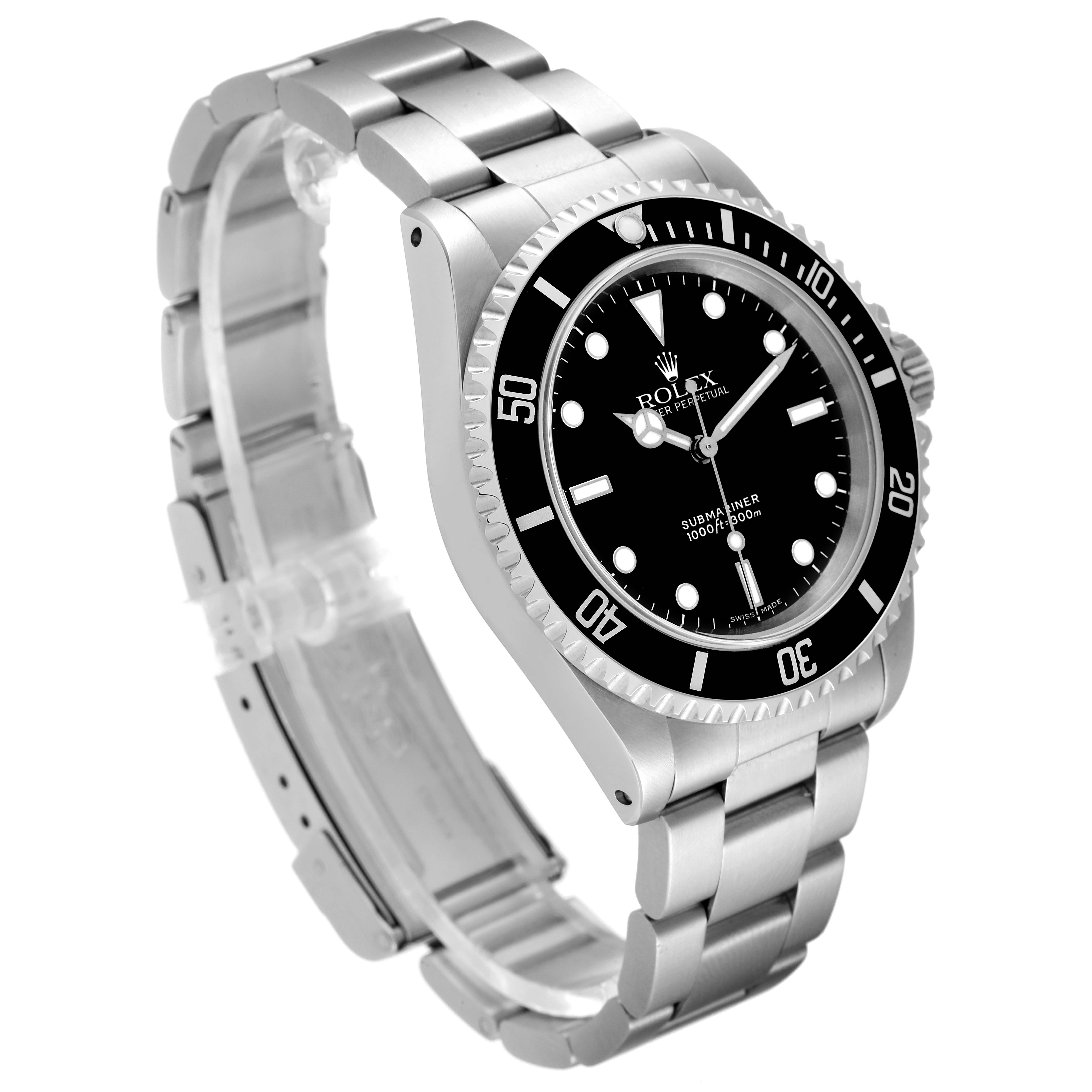 This Rolex Submariner 14060 Men
s Stainless Steel Black Dial 14060 Men
s Stainless Steel Black Dial watch is shown at an angled side view displaying the face, bezel, and bracelet.