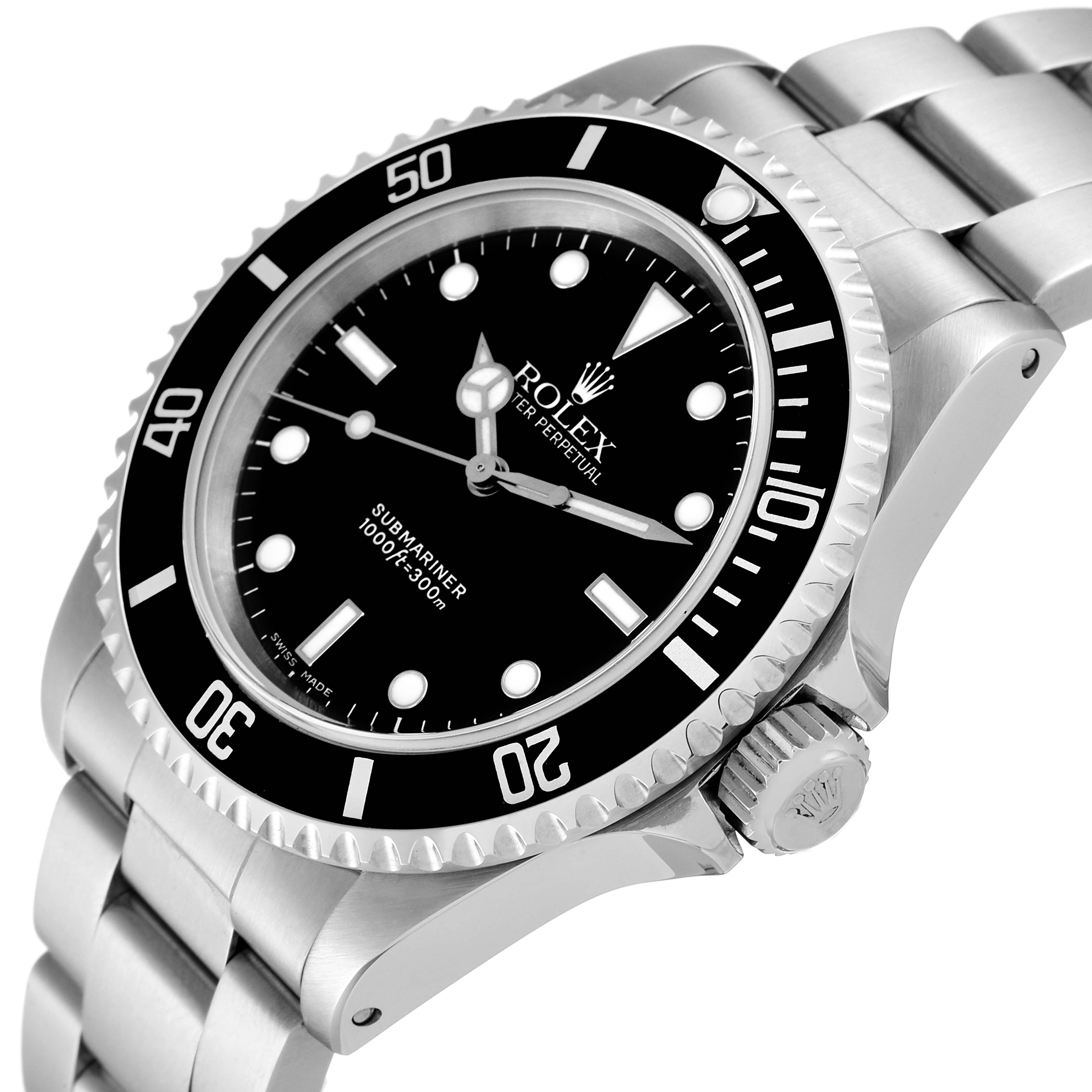 The image shows a Rolex Submariner 14060 Men
s Stainless Steel Black Dial 14060 Men
s Stainless Steel Black Dial watch at an angled side view, highlighting the crown, bezel, and part of the bracelet.