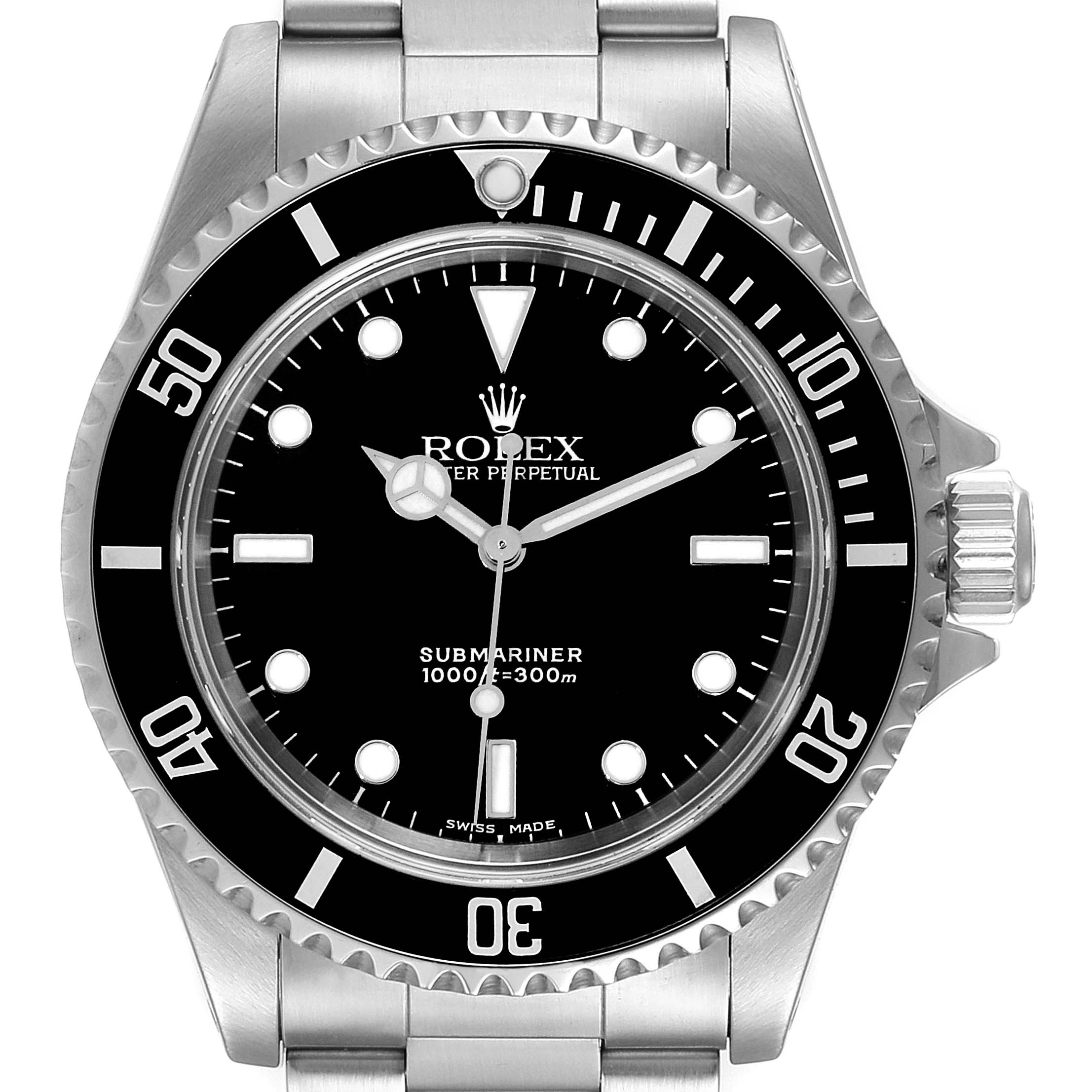 The image shows a front view of the Rolex Submariner 14060 Men
s Stainless Steel Black Dial 14060 Men
s Stainless Steel Black Dial watch, displaying the dial, bezel, and part of the bracelet.