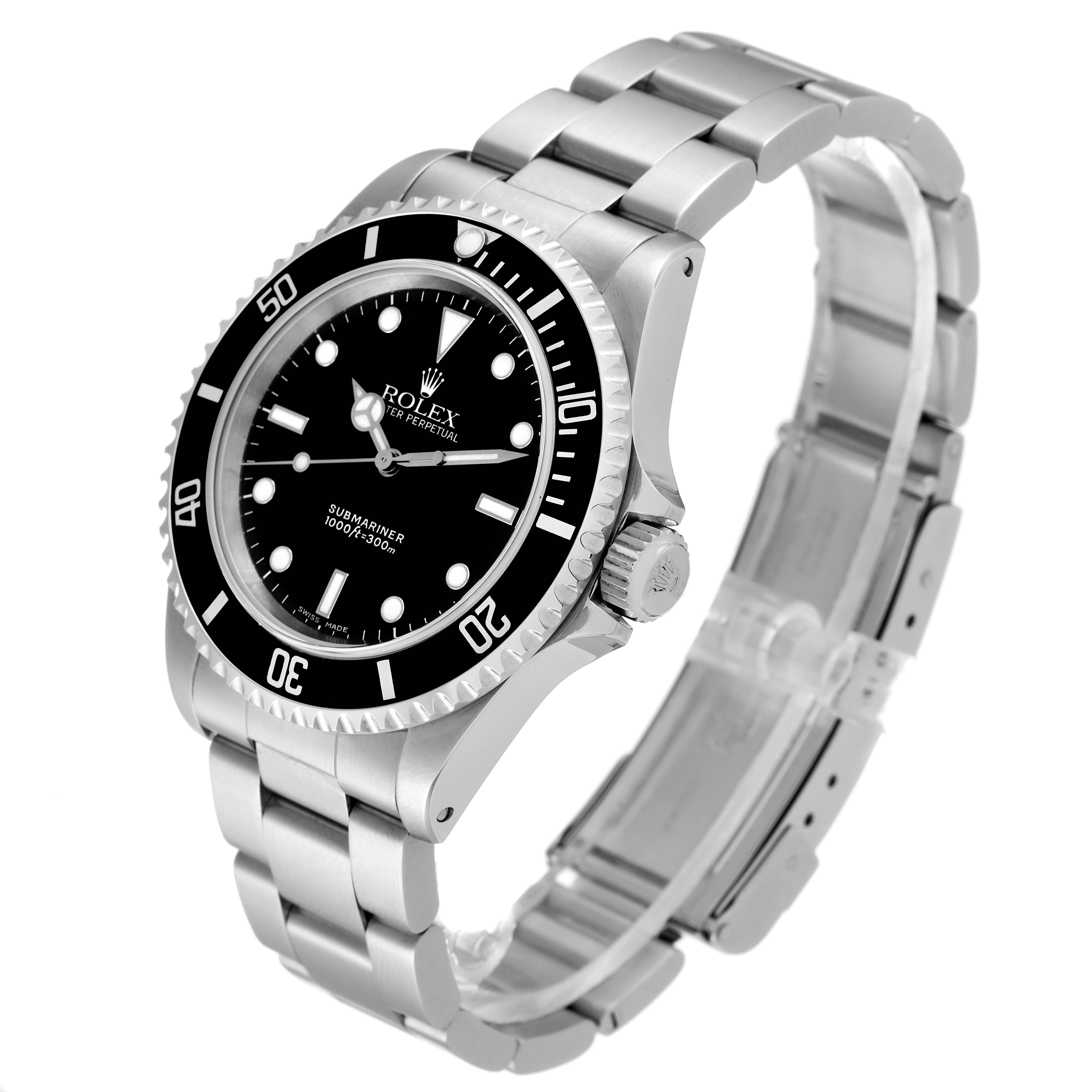 The image shows a Rolex Submariner 14060 Men
s Stainless Steel Black Dial 14060 Men
s Stainless Steel Black Dial watch at a three-quarter top view angle, displaying the face, bezel, crown, and bracelet.