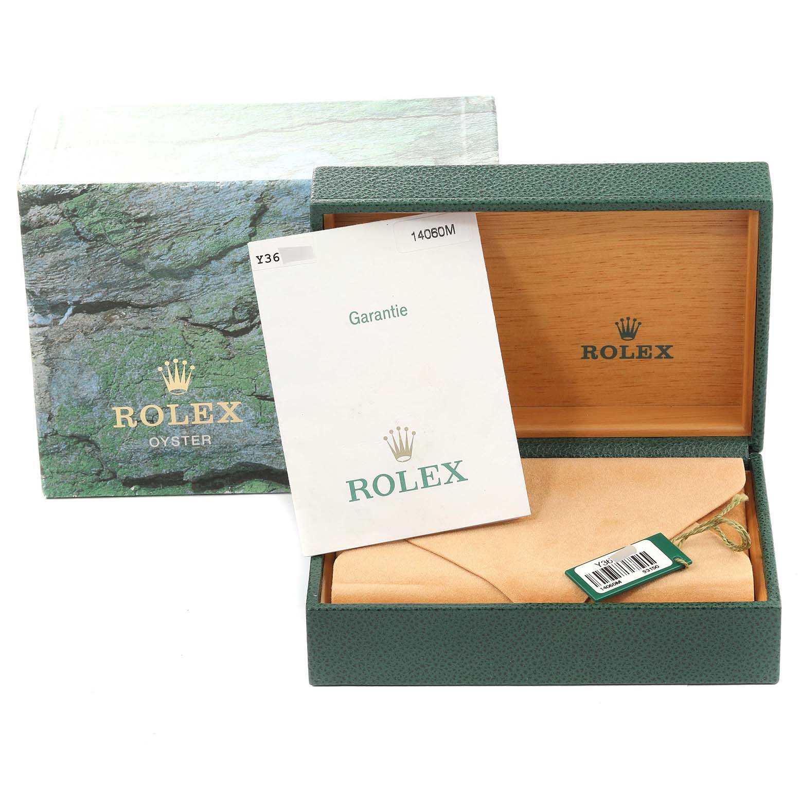 The image shows the Rolex Submariner 14060 Men
s Stainless Steel Black Dial 14060 Men
s Stainless Steel Black Dial packaging with an open box, warranty card, and tag.