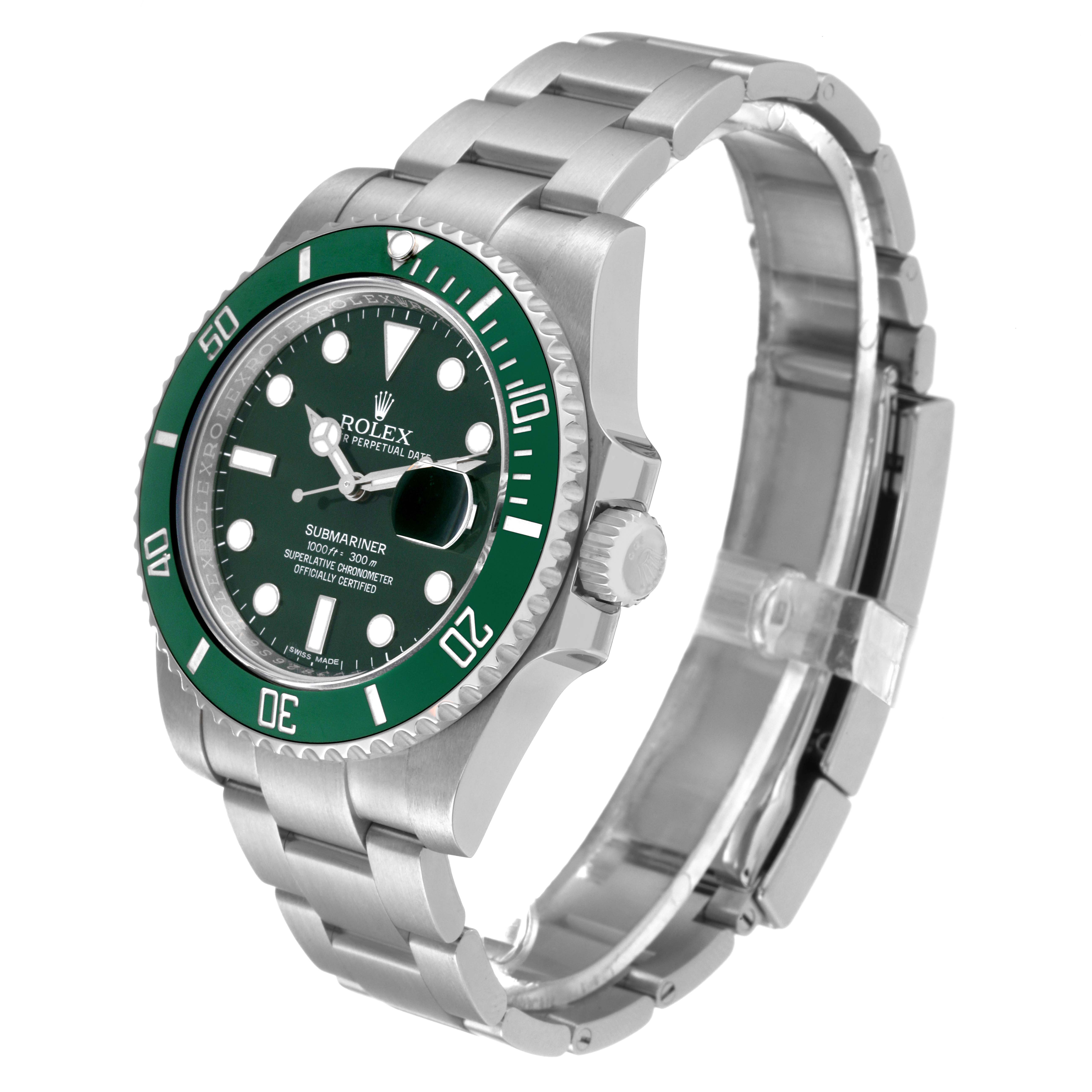 The Rolex Submariner 116610LV Men
s Stainless Steel Green Dial 116610LV Men
s Stainless Steel Green Dial watch is shown from an angled view, highlighting the green dial, bezel, and stainless steel bracelet.