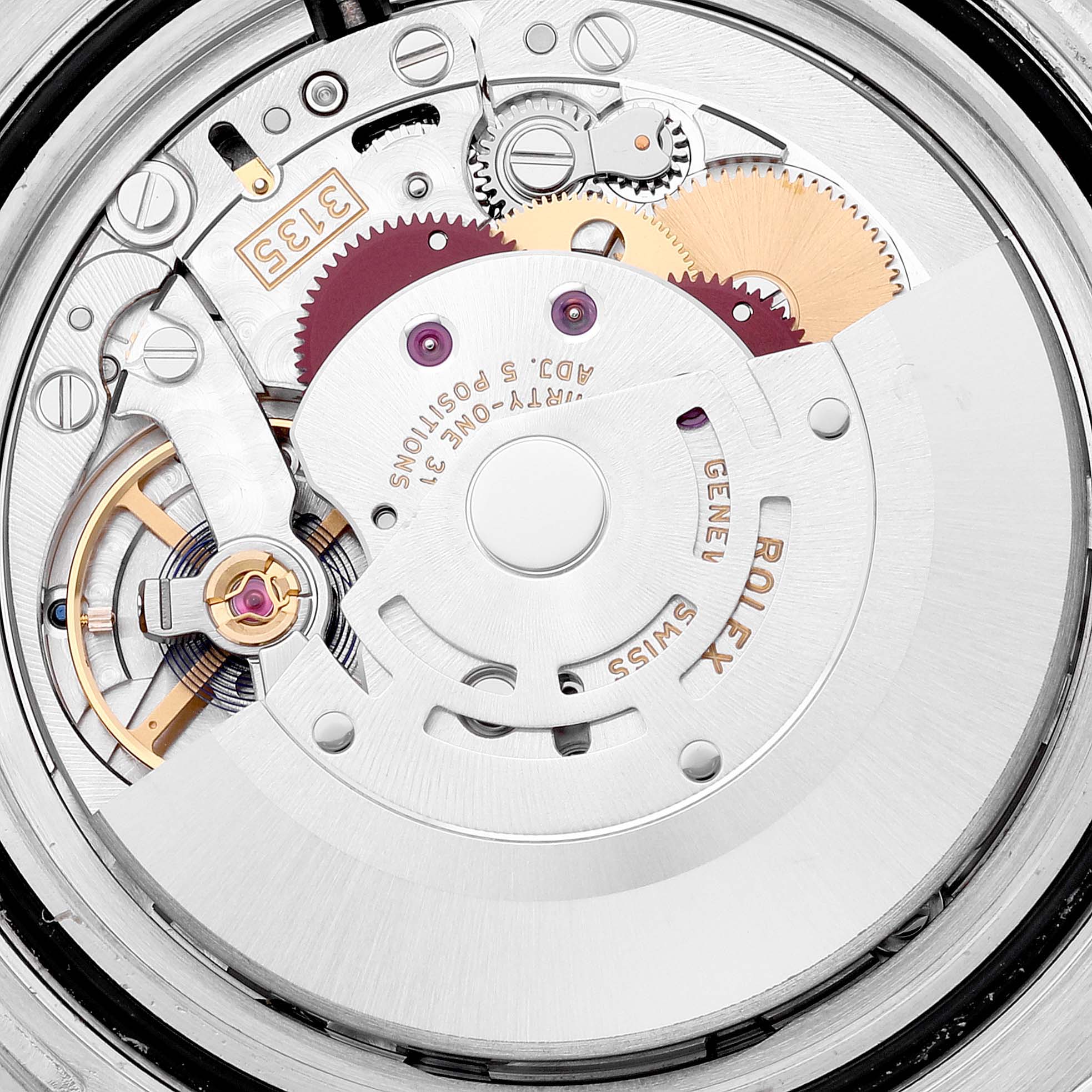 The image shows the intricate internal mechanism of a Rolex Submariner 116610LV Men
s Stainless Steel Green Dial 116610LV Men
s Stainless Steel Green Dial watch from a back view.