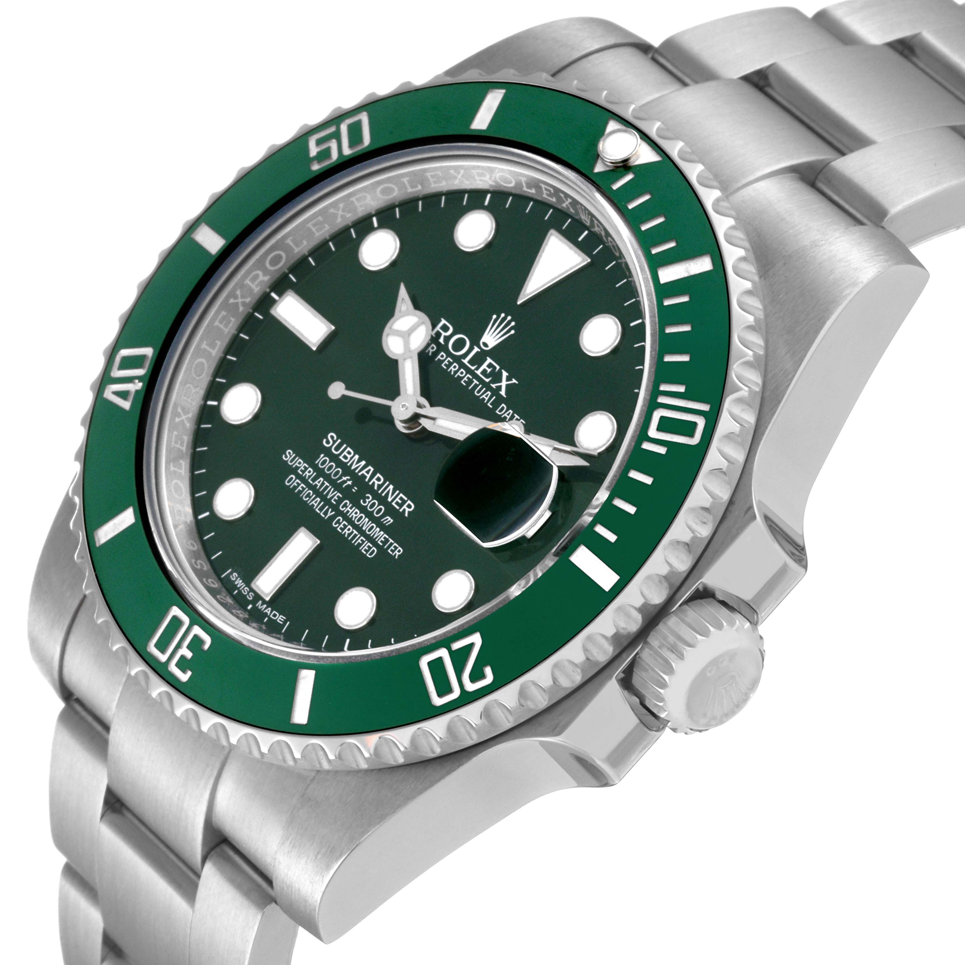 The image shows a close-up angle of the Rolex Submariner 116610LV Men
s Stainless Steel Green Dial 116610LV Men
s Stainless Steel Green Dial watch, highlighting its green dial, bezel, and part of the bracelet.