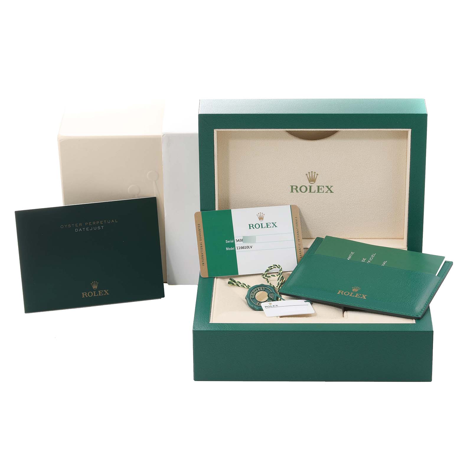 The image shows the packaging and accessories for a Rolex Submariner 116610LV Men
s Stainless Steel Green Dial 116610LV Men
s Stainless Steel Green Dial, including the box, booklets, tags, and certification card.