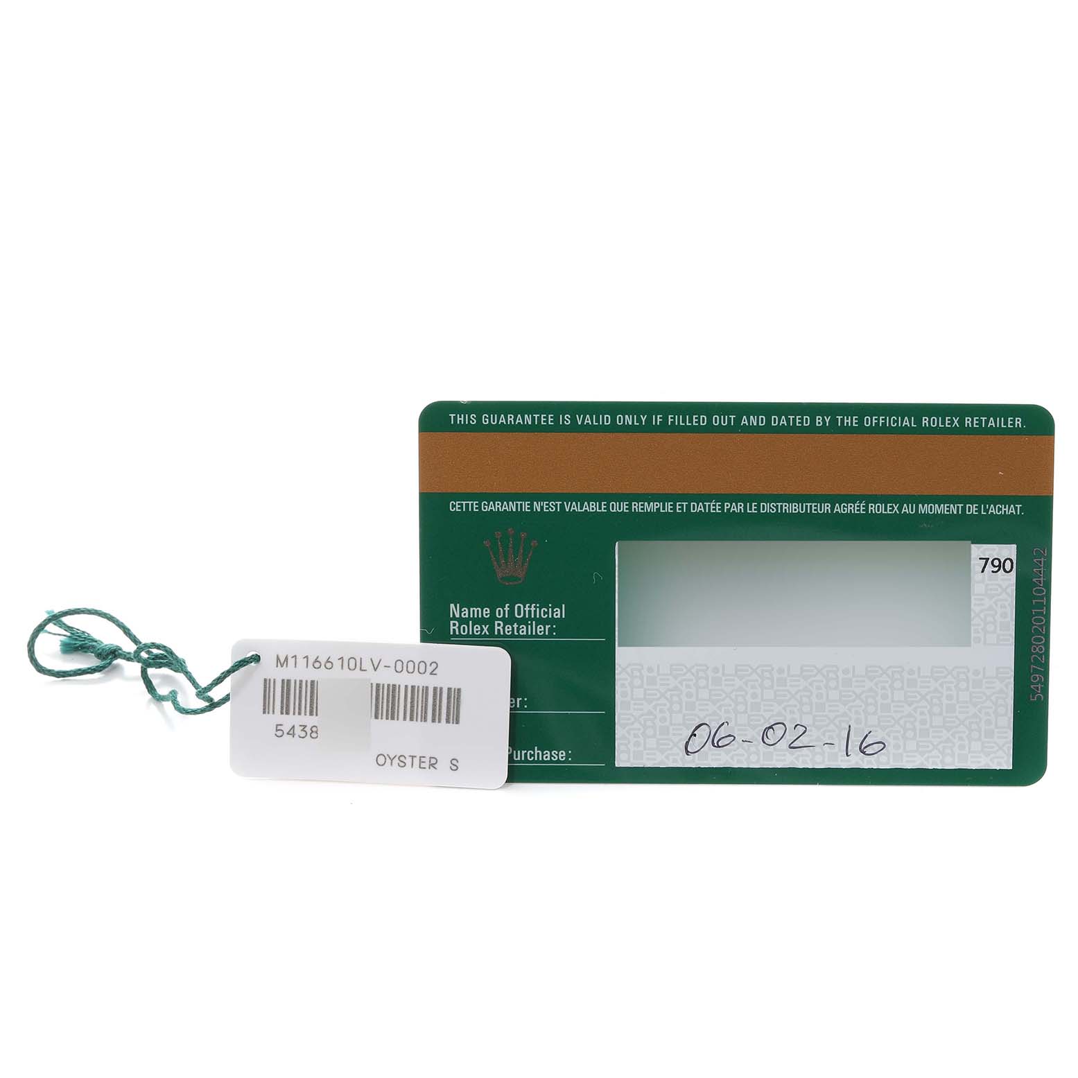 This image shows the warranty card and tag for the Rolex Submariner 116610LV Men
s Stainless Steel Green Dial 116610LV Men
s Stainless Steel Green Dial model.