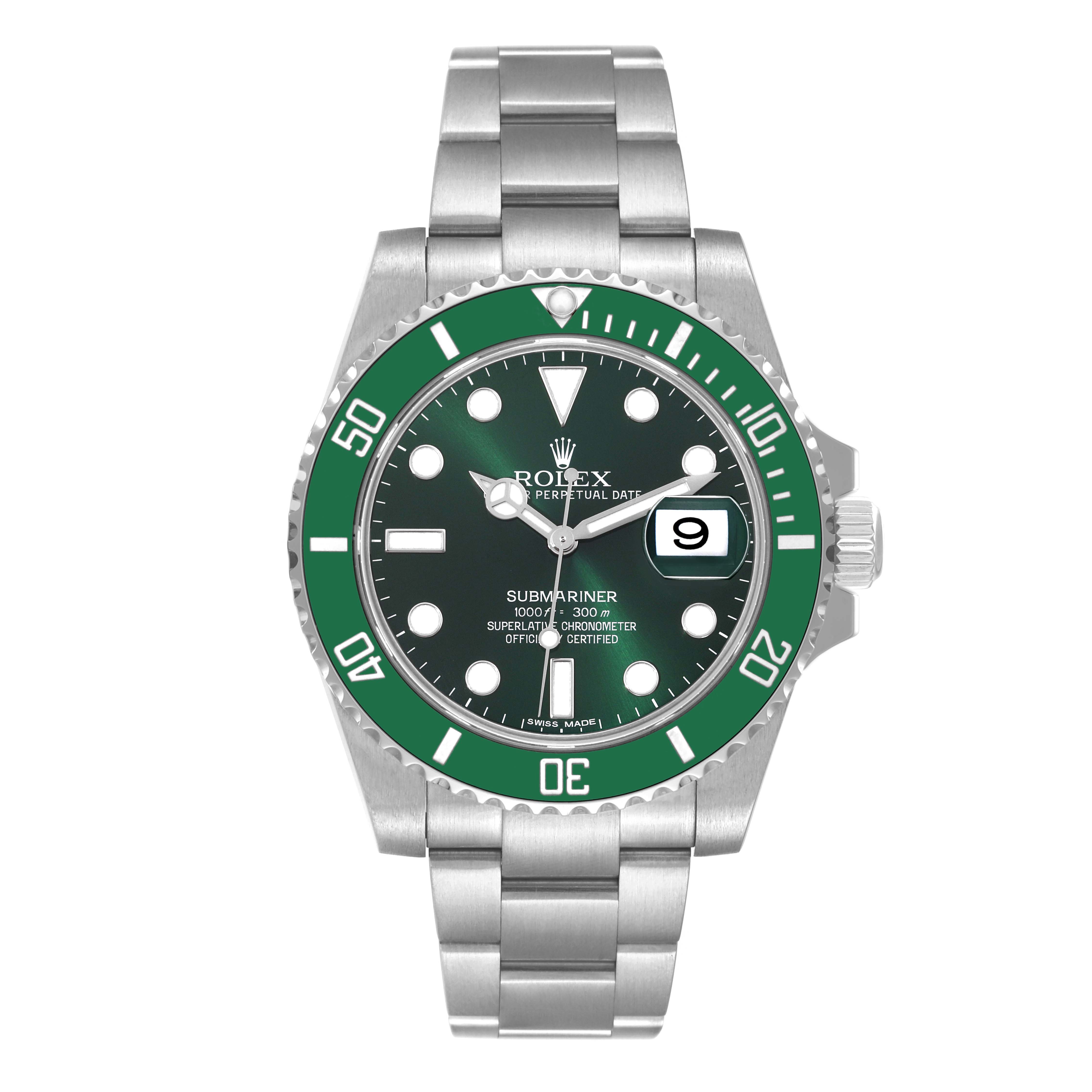 The image shows a front view of a Rolex Submariner 116610LV Men
s Stainless Steel Green Dial 116610LV Men
s Stainless Steel Green Dial watch with a green bezel, black dial, and metal bracelet.