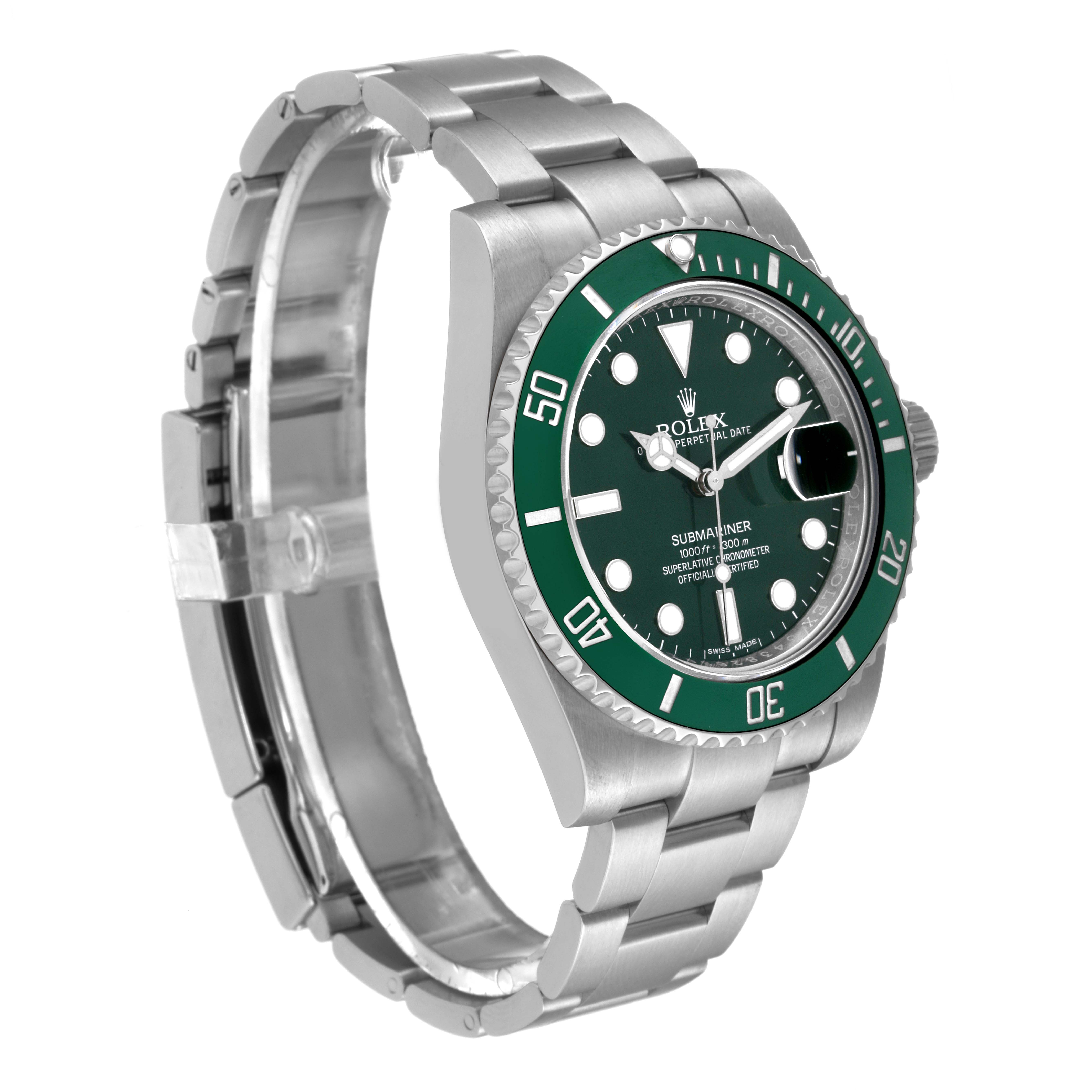 This image shows a side angle of the Rolex Submariner 116610LV Men
s Stainless Steel Green Dial 116610LV Men
s Stainless Steel Green Dial watch, highlighting the green bezel, stainless steel bracelet, and the clasp.
