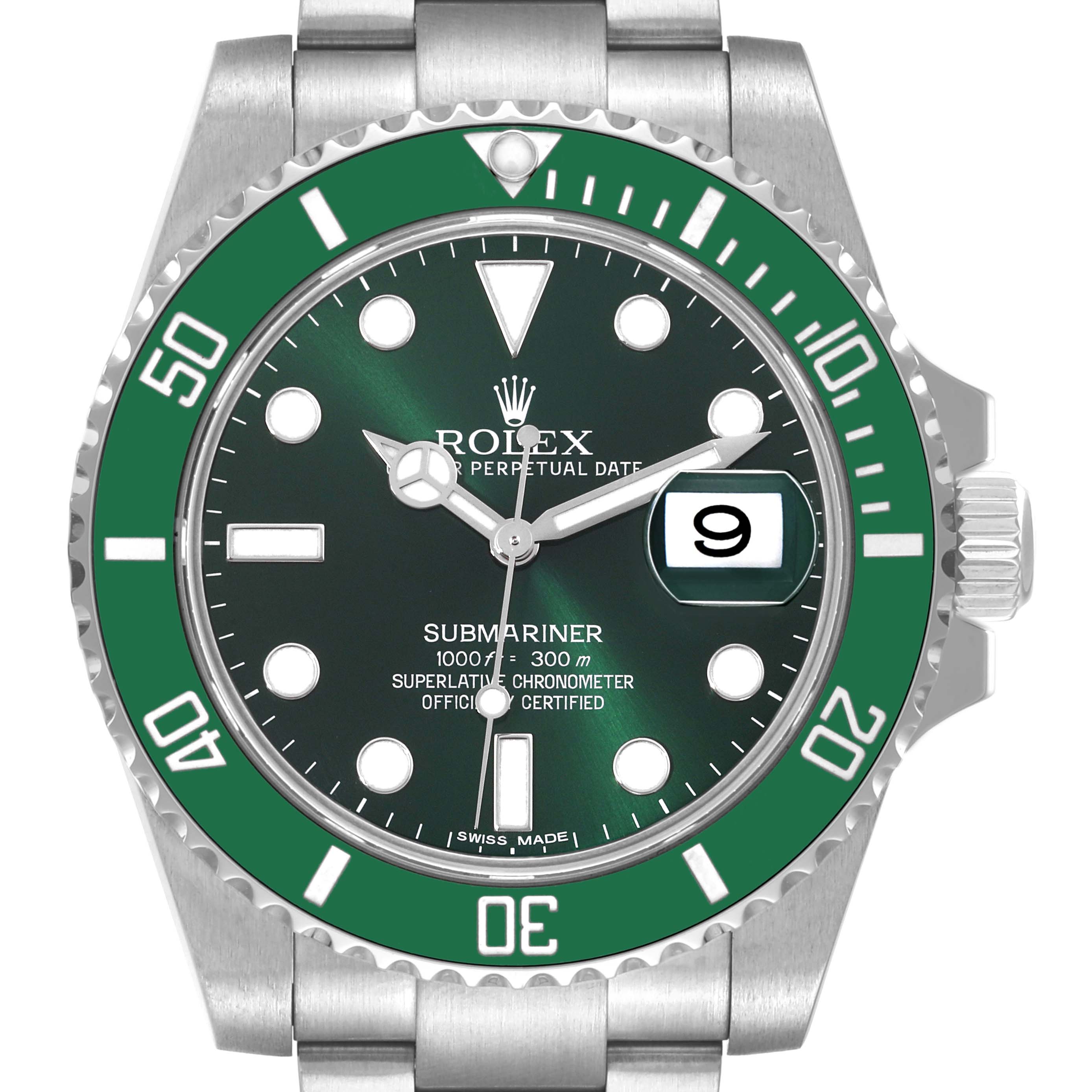 The image shows a Rolex Submariner 116610LV Men
s Stainless Steel Green Dial 116610LV Men
s Stainless Steel Green Dial watch from a front angle, displaying the dial, bezel, crown, and part of the bracelet.