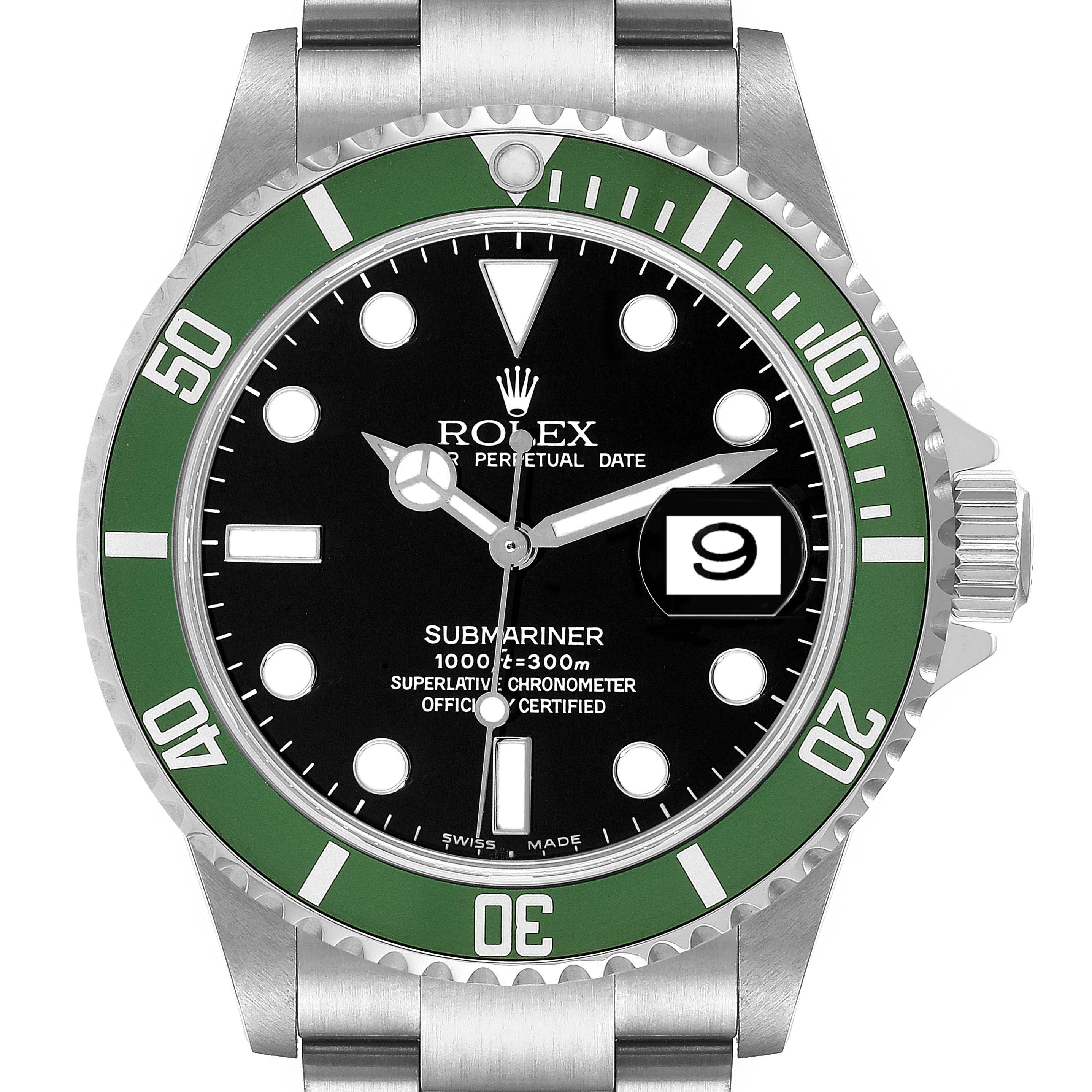 This is a frontal view of a Rolex Submariner 16610LV Men
s Stainless Steel Black Dial 16610LV Men
s Stainless Steel Black Dial, displaying its black dial, green bezel, date window, and stainless steel case.
