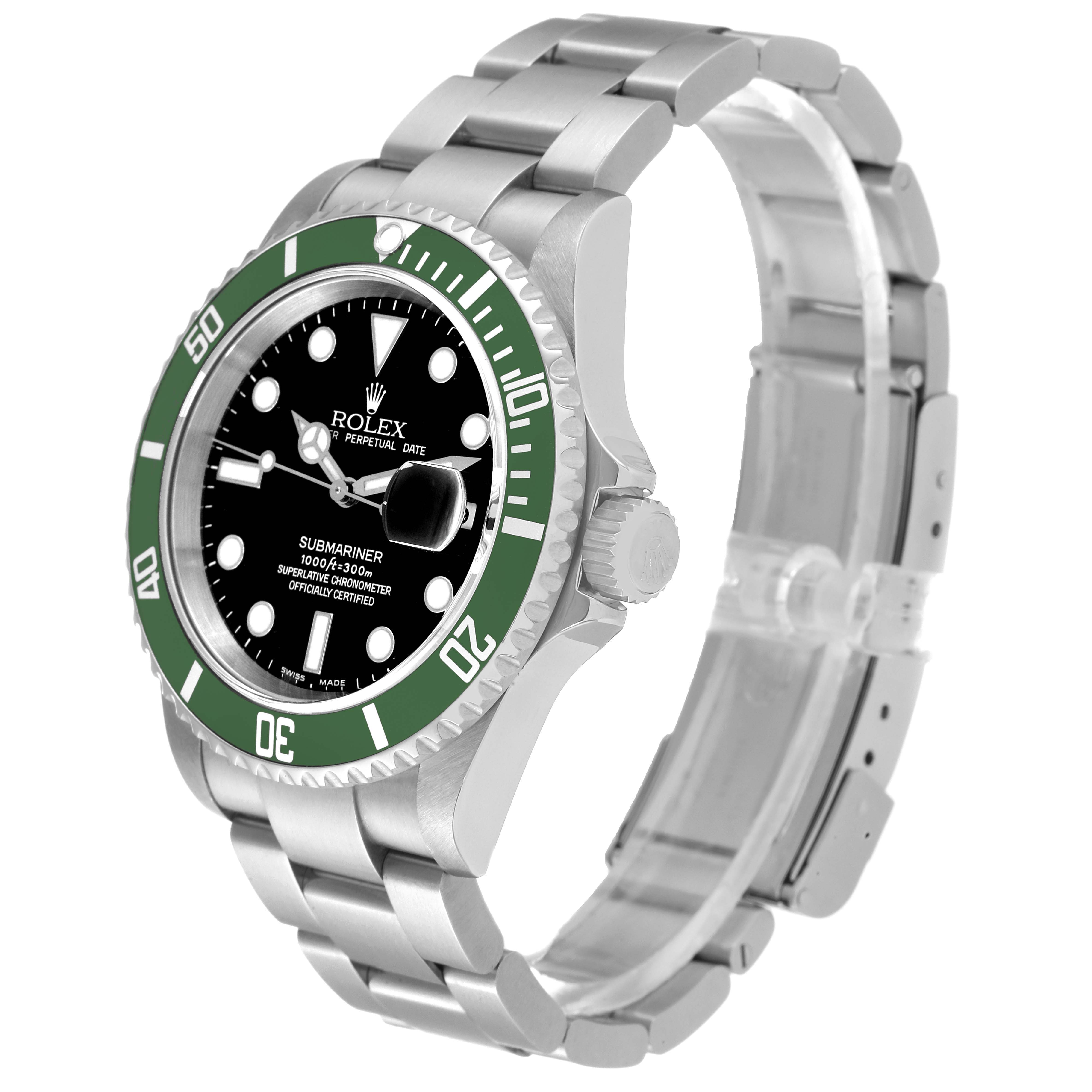 The Rolex Submariner 16610LV Men
s Stainless Steel Black Dial 16610LV Men
s Stainless Steel Black Dial watch is shown at an angle highlighting the face, bezel, crown, and stainless steel bracelet.