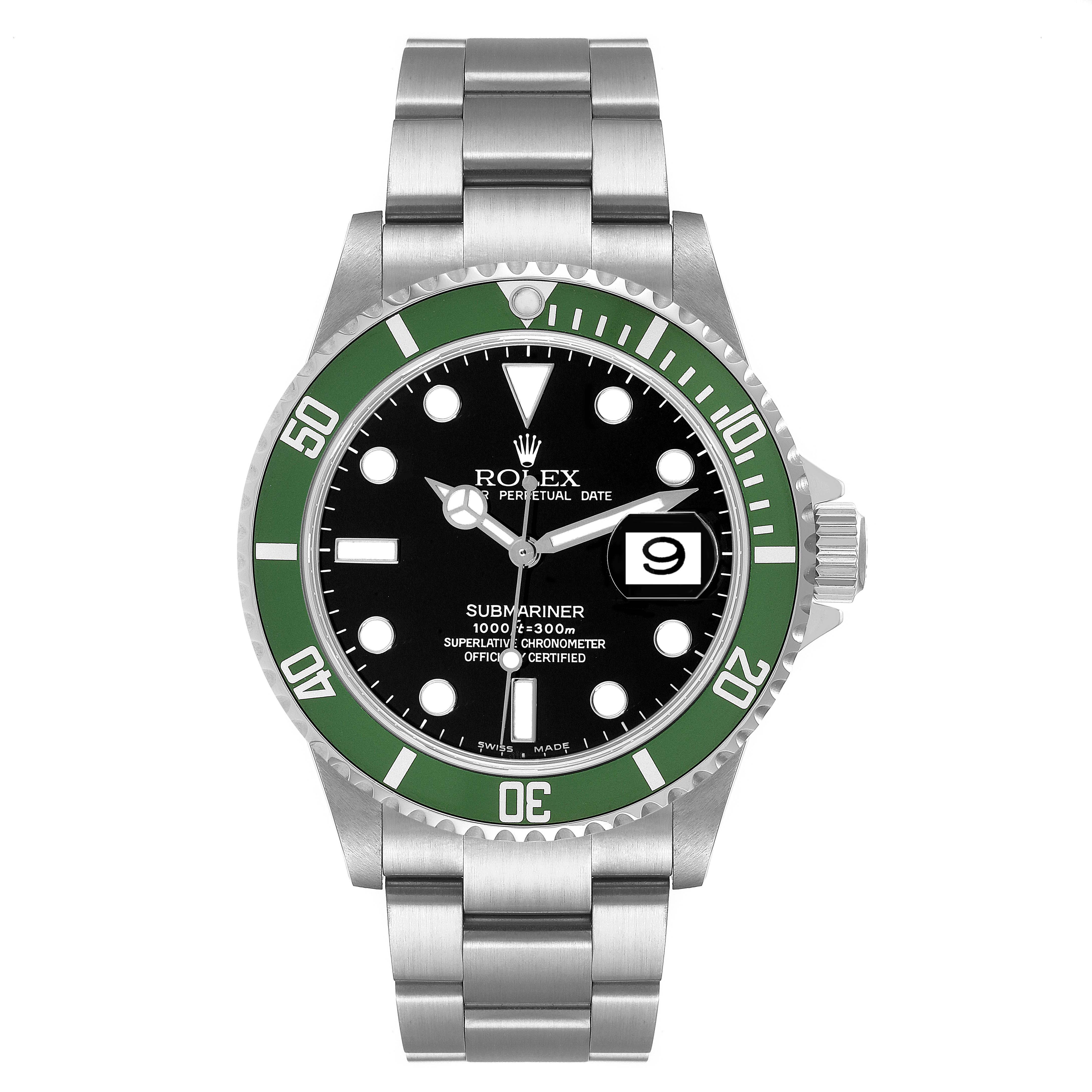 This image shows a front view of a Rolex Submariner 16610LV Men
s Stainless Steel Black Dial 16610LV Men
s Stainless Steel Black Dial watch, highlighting its green bezel, black dial, and stainless steel bracelet.