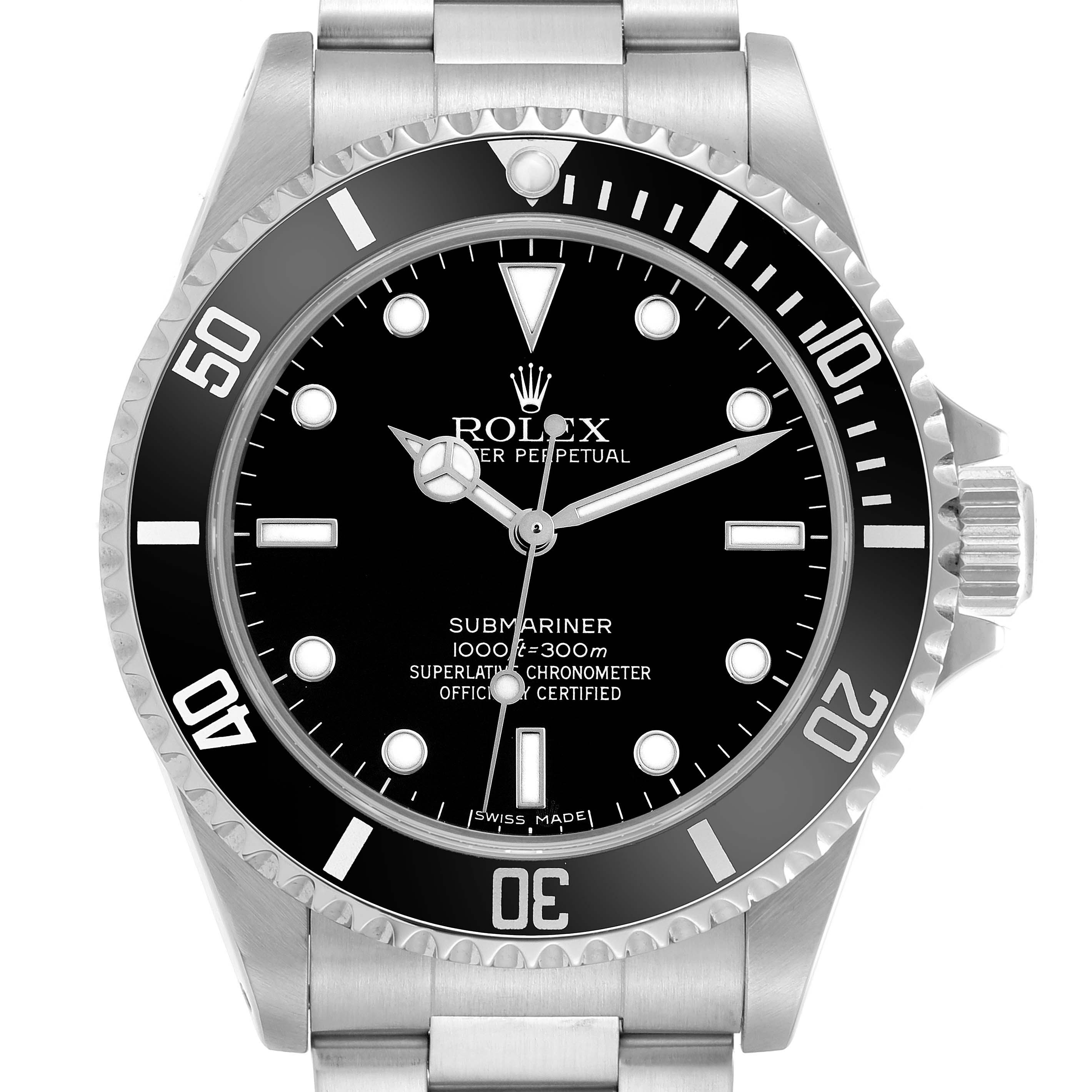 The image shows a front view of the Rolex Submariner, model number 14060, highlighting the bezel, dial, hands, and part of the bracelet.