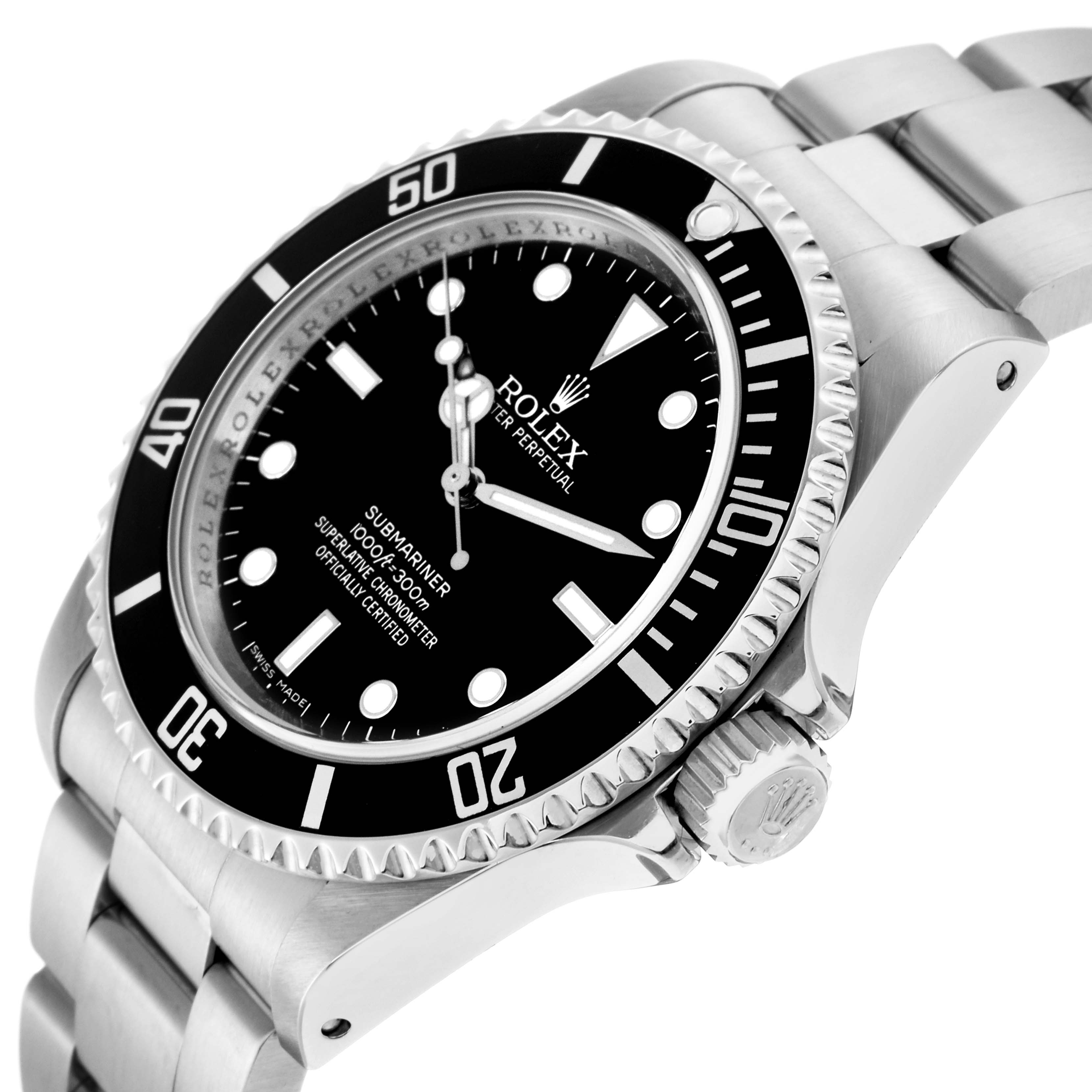 The Rolex Submariner model 14060 is shown from a side angle, highlighting the bezel, dial, crown, and part of the bracelet.