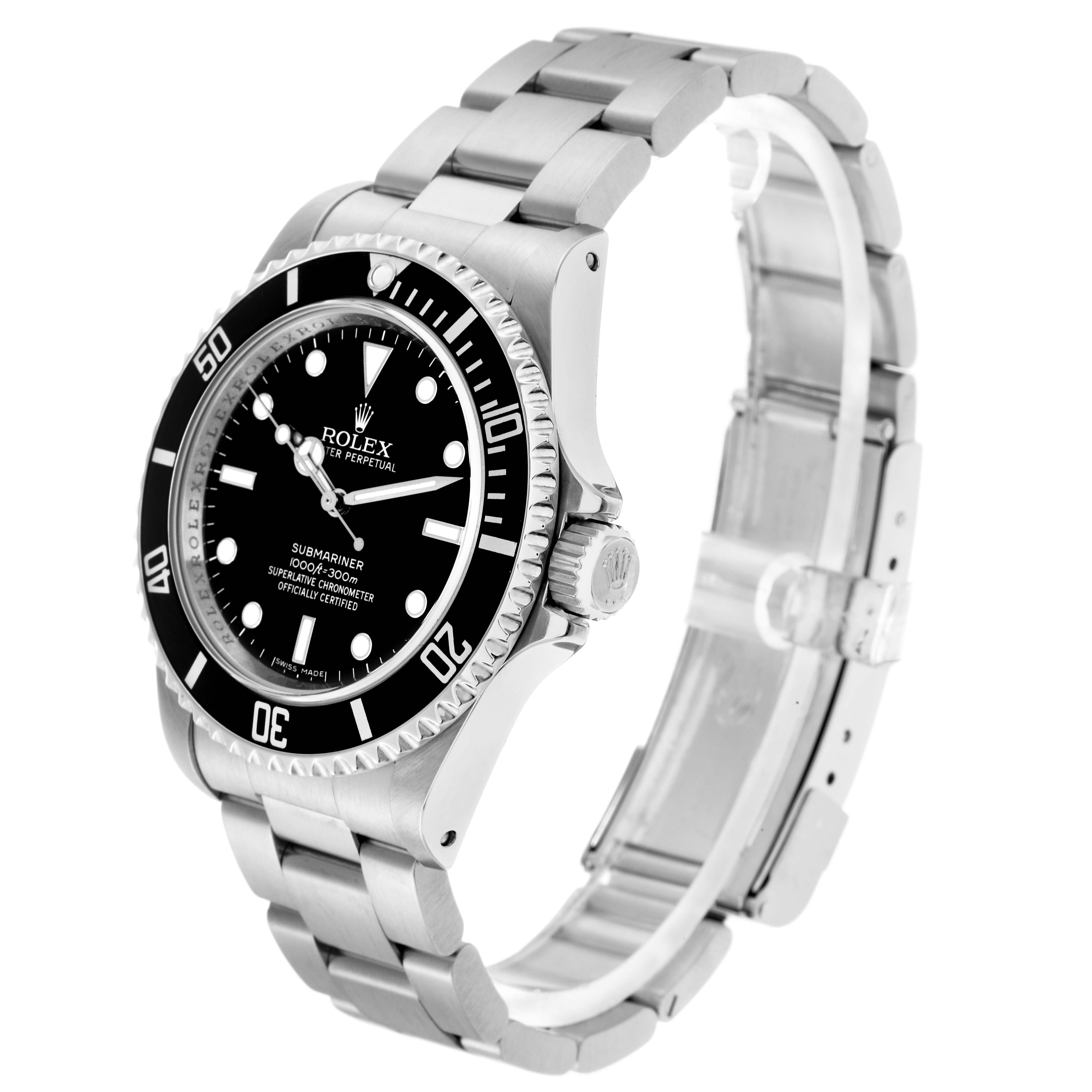 The Rolex Submariner model 14060 is shown at a three-quarter angle, displaying the face, bezel, crown, and part of the bracelet.