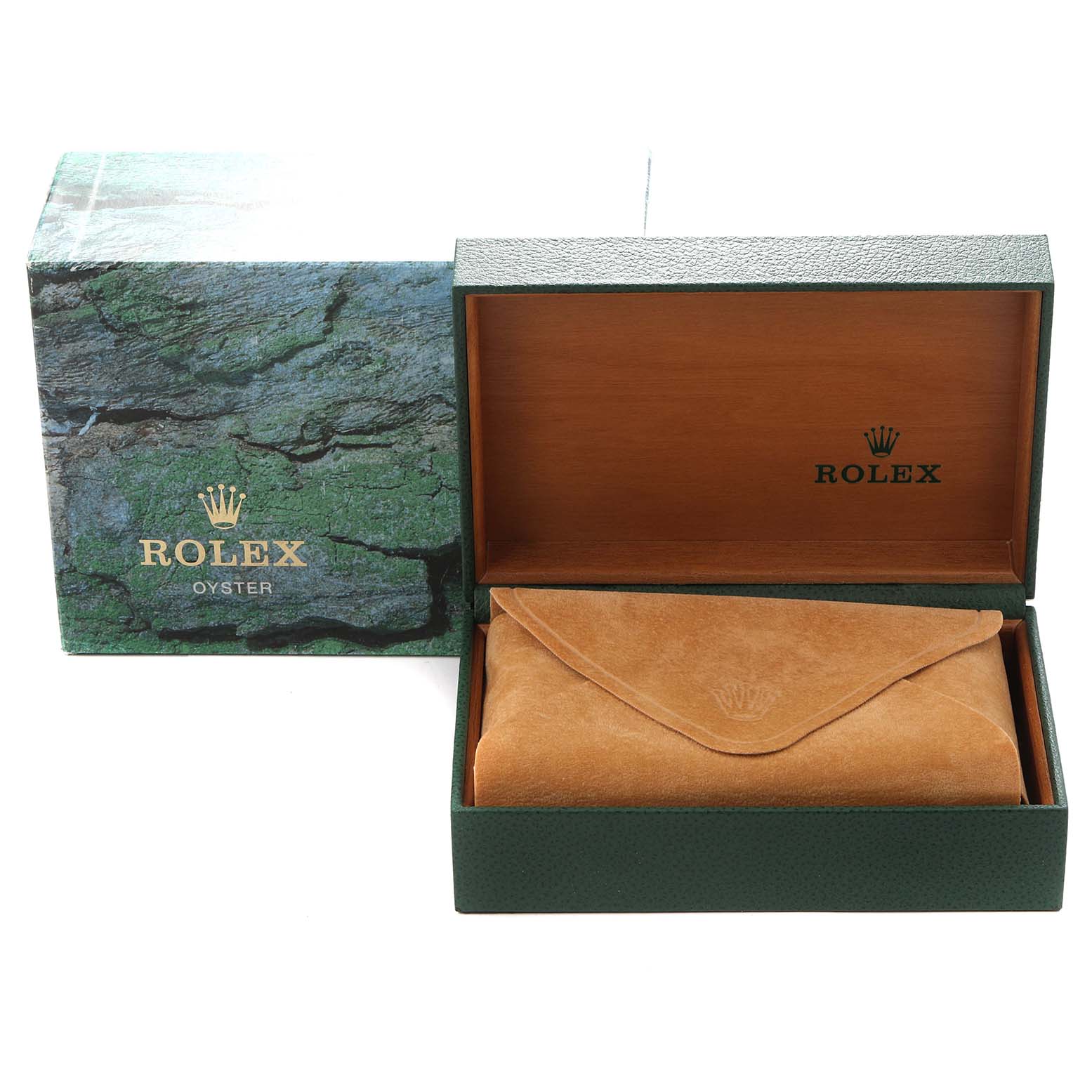 The image shows a Rolex Submariner model 14060 box and suede pouch from an angled view, highlighting the packaging and accessories.