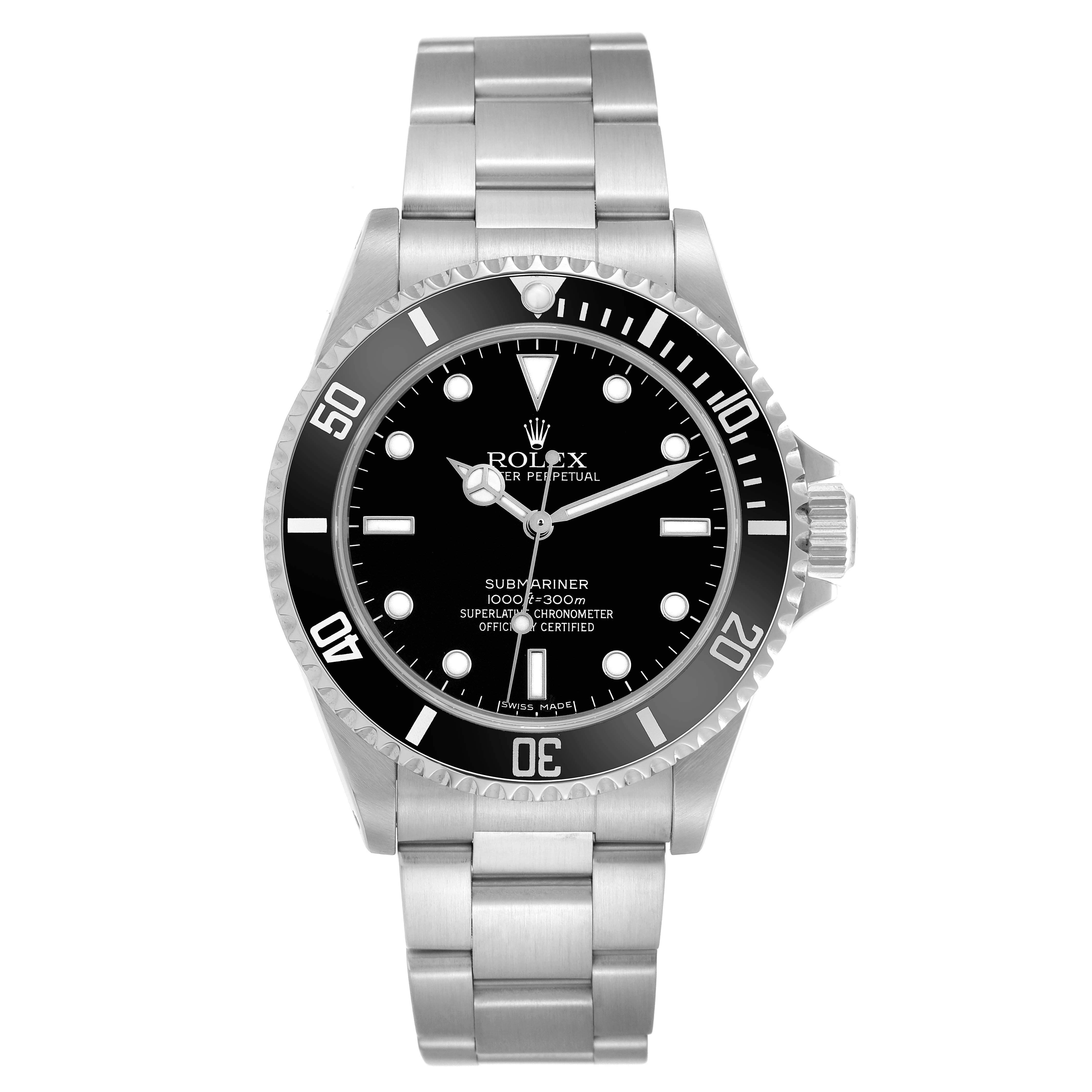 The image shows a frontal view of a Rolex Submariner model 14060 men
s watch, displaying the dial, bezel, case, and bracelet links.