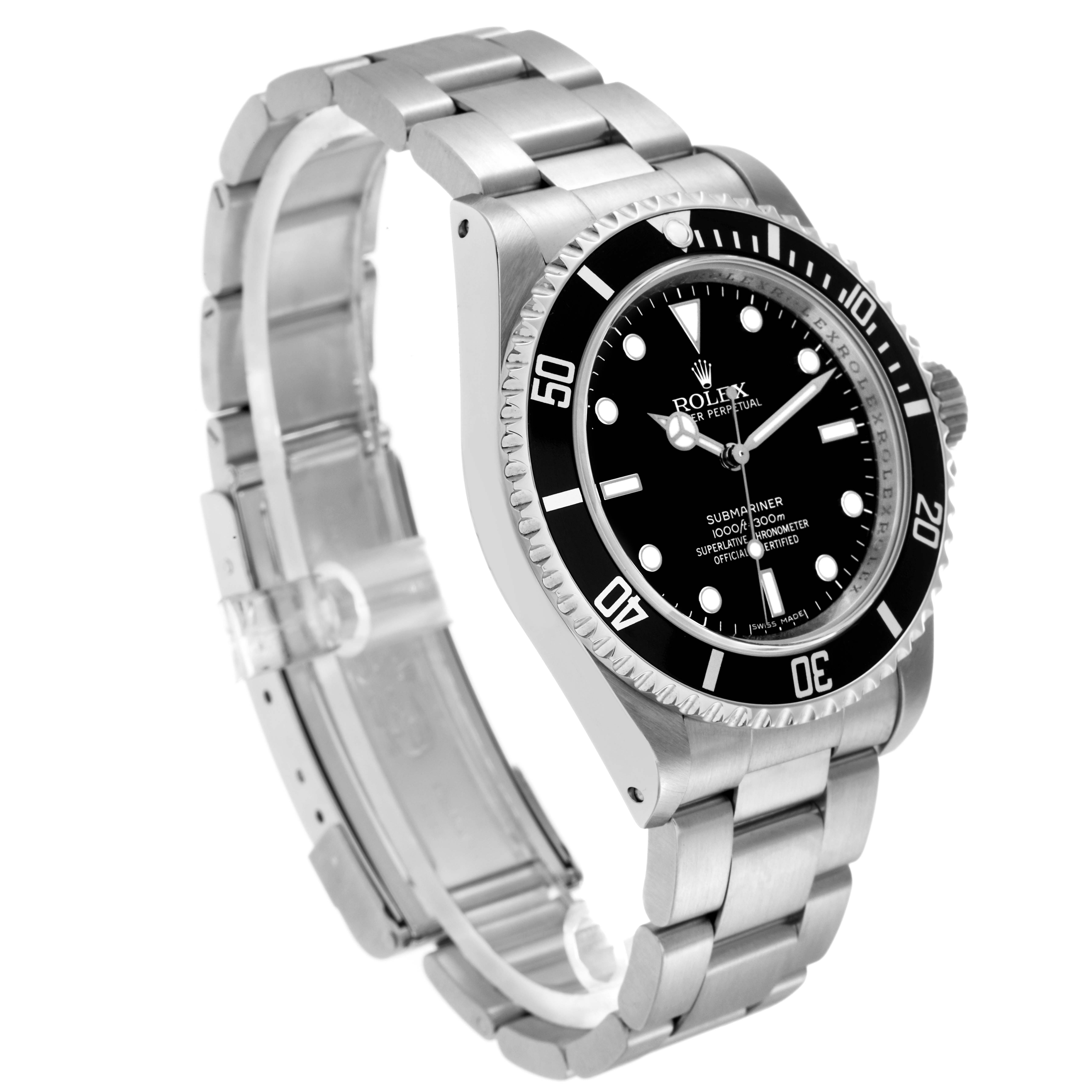 The image shows a Rolex Submariner model 14060 from a three-quarter angle, highlighting the watch face, bezel, crown, and part of the bracelet.