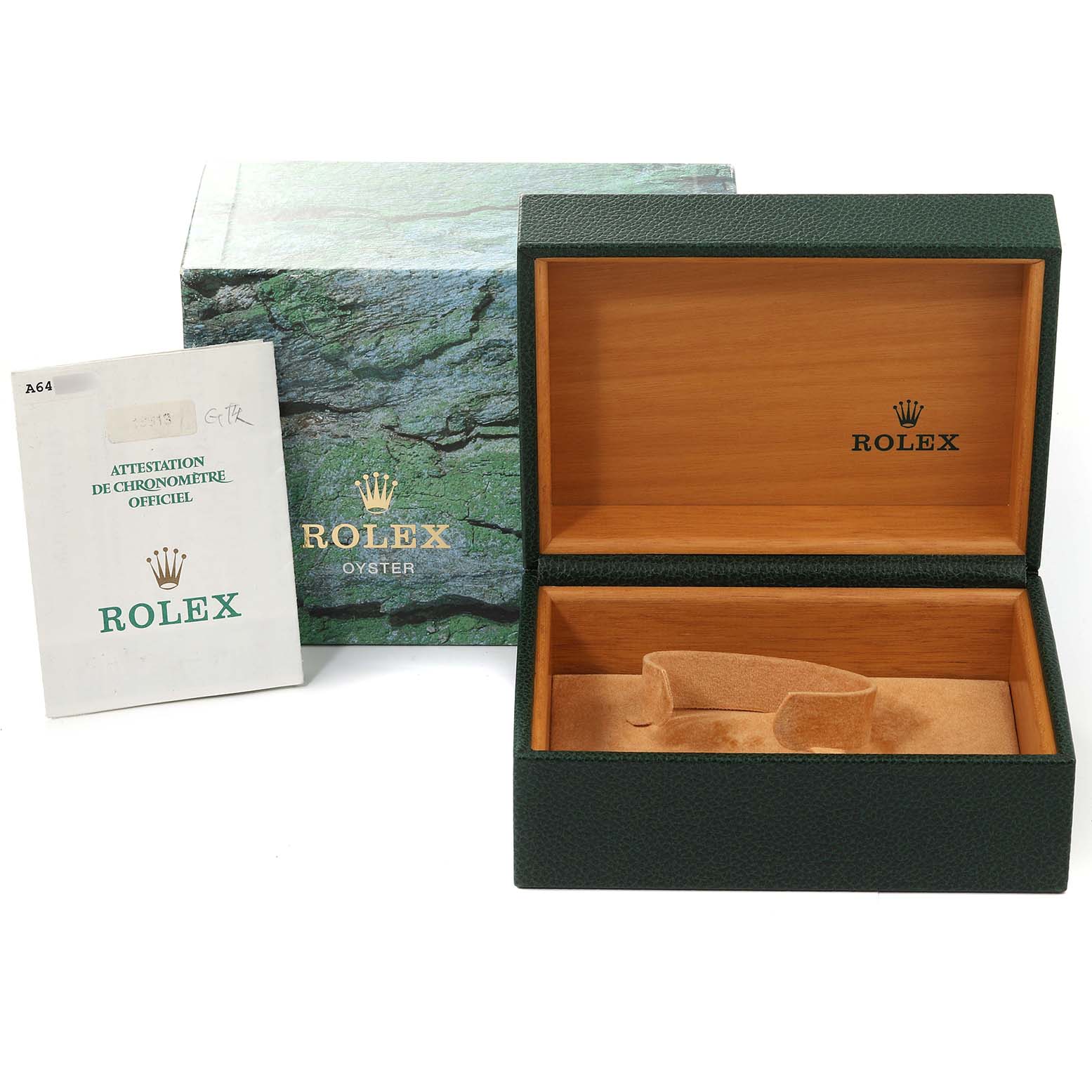 This image shows an open Rolex Submariner 16613 Men's Steel and Gold (two tone) Grey Dial 16613 Men's Steel and Gold (two tone) Grey Dial watch box, its outer packaging, and an official chronometer certification booklet.