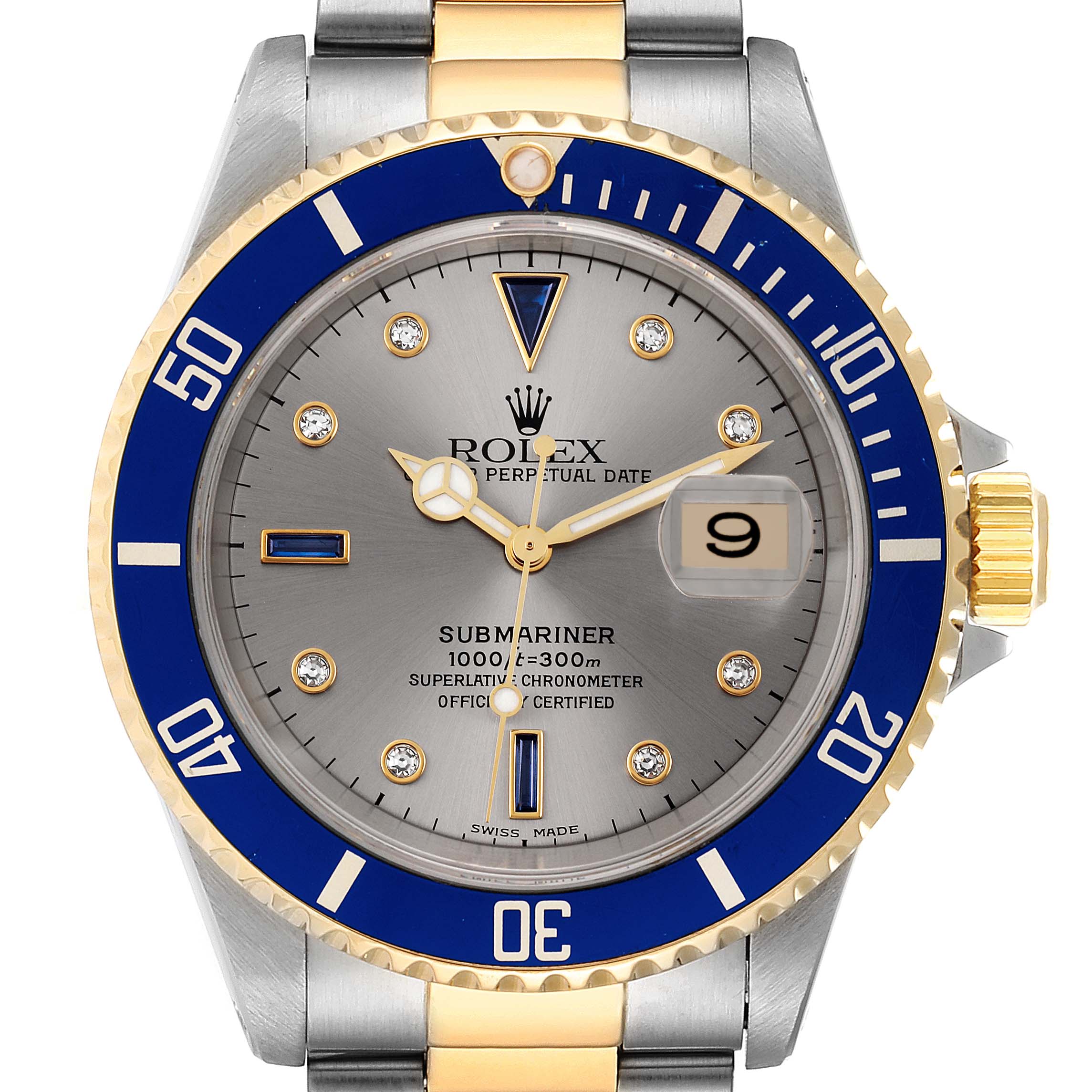 The Rolex Submariner 16613 Men's Steel and Gold (two tone) Grey Dial 16613 Men's Steel and Gold (two tone) Grey Dial watch is shown from a front angle, displaying the dial, bezel, and part of the bracelet.