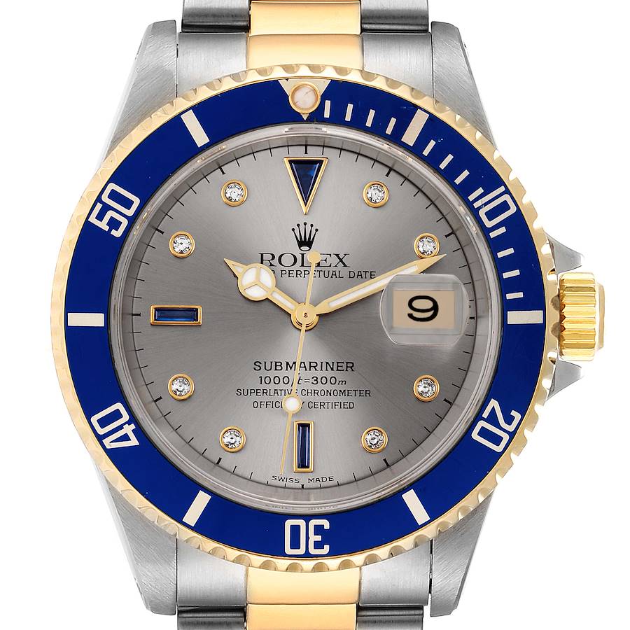 Rolex Submariner Steel Gold Diamond Sapphire Serti Dial Watch 16613 Box Papers SwissWatchExpo