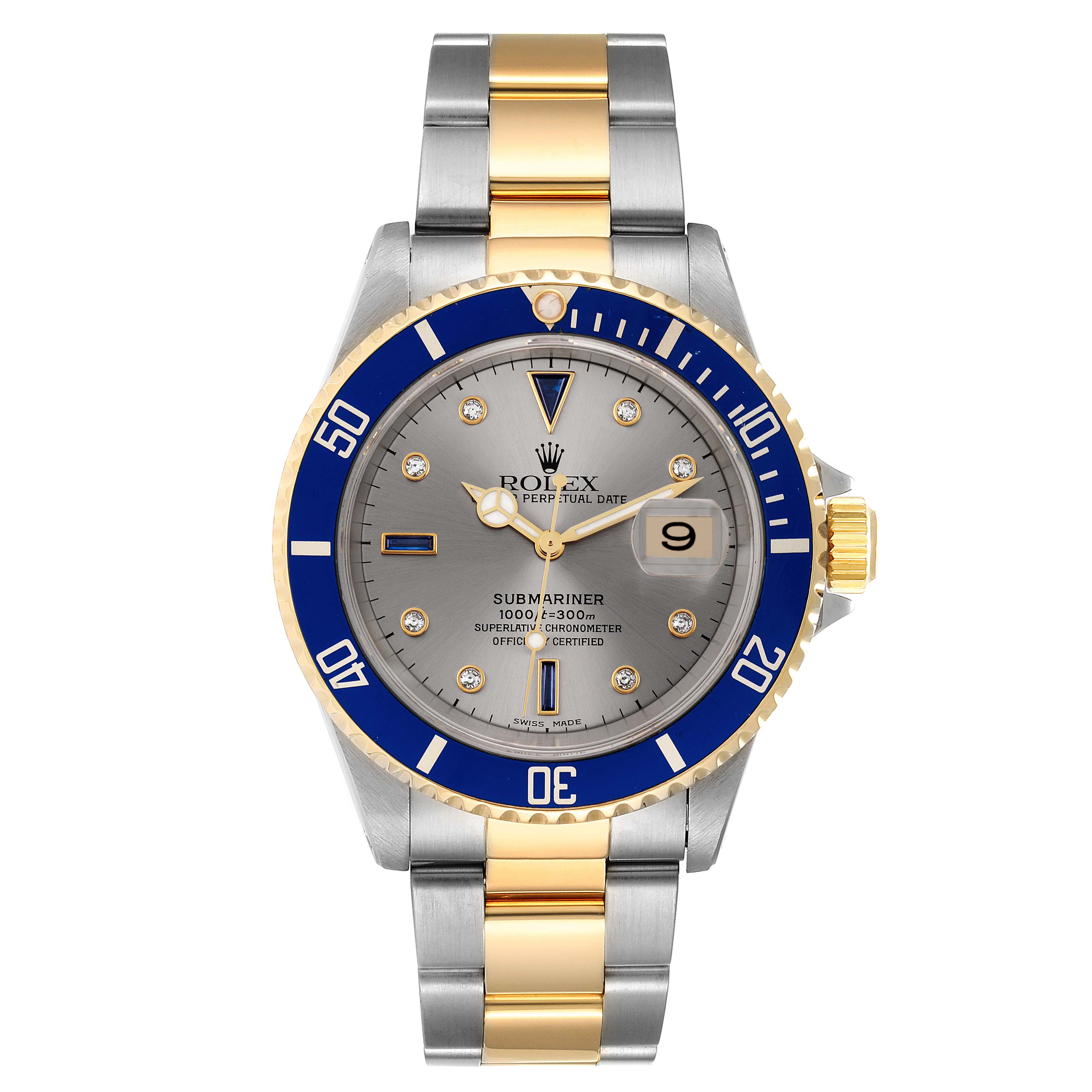 The image shows a frontal view of a Rolex Submariner 16613 Men's Steel and Gold (two tone) Grey Dial 16613 Men's Steel and Gold (two tone) Grey Dial watch with a dual-tone metal band and a blue bezel.