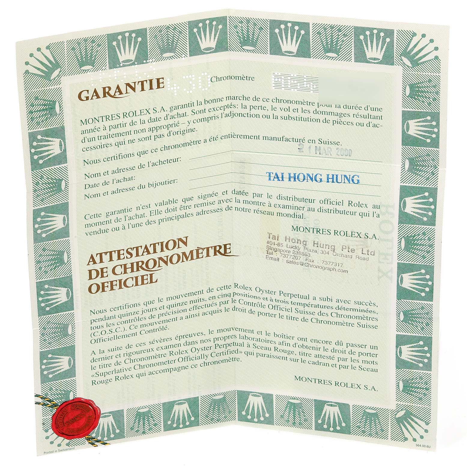 This image shows a warranty and chronometer certification document for a Rolex Submariner 16613 Men's Steel and Gold (two tone) Grey Dial 16613 Men's Steel and Gold (two tone) Grey Dial watch.