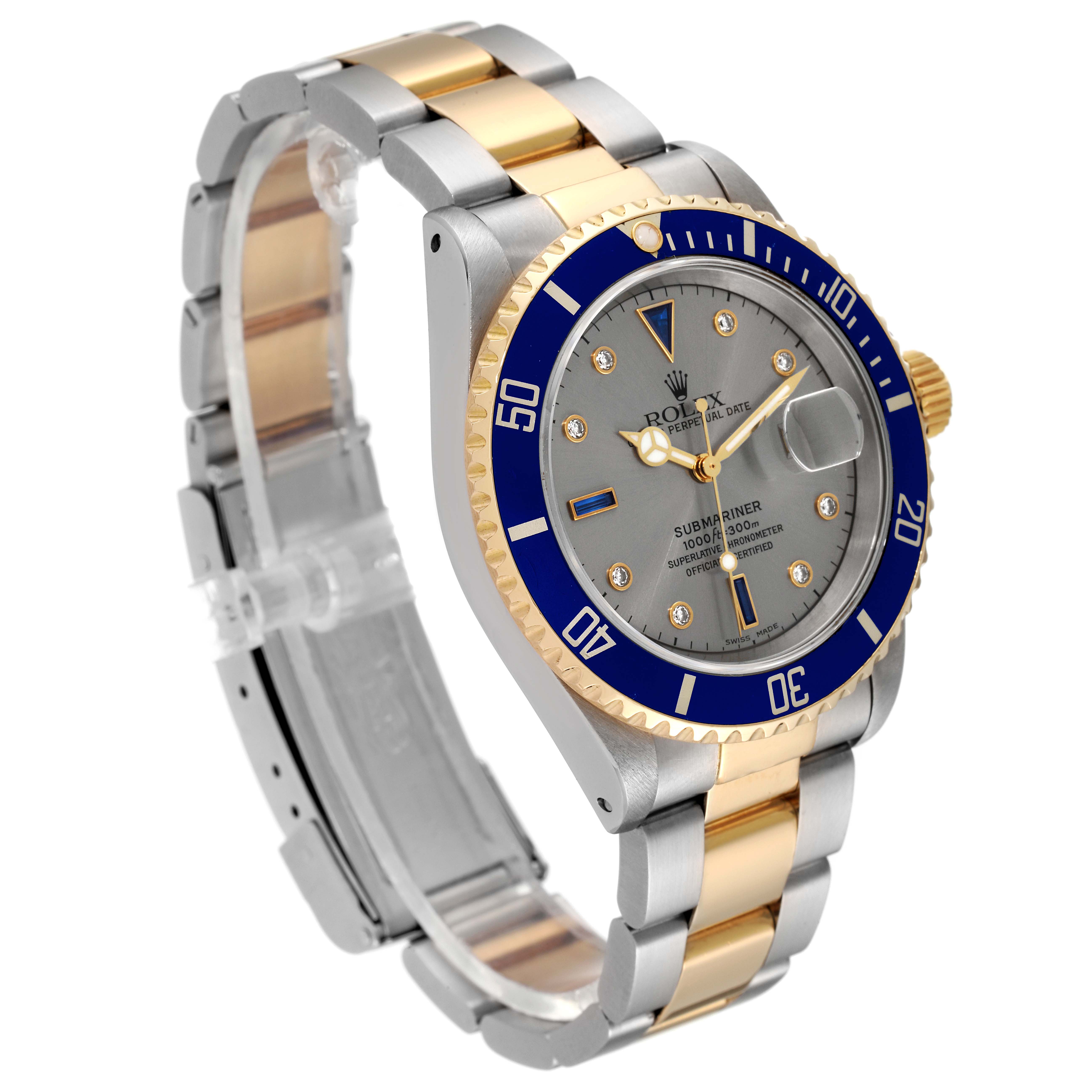 The Rolex Submariner 16613 Men's Steel and Gold (two tone) Grey Dial 16613 Men's Steel and Gold (two tone) Grey Dial watch is shown from a three-quarter angle revealing the dial, bezel, and bracelet.