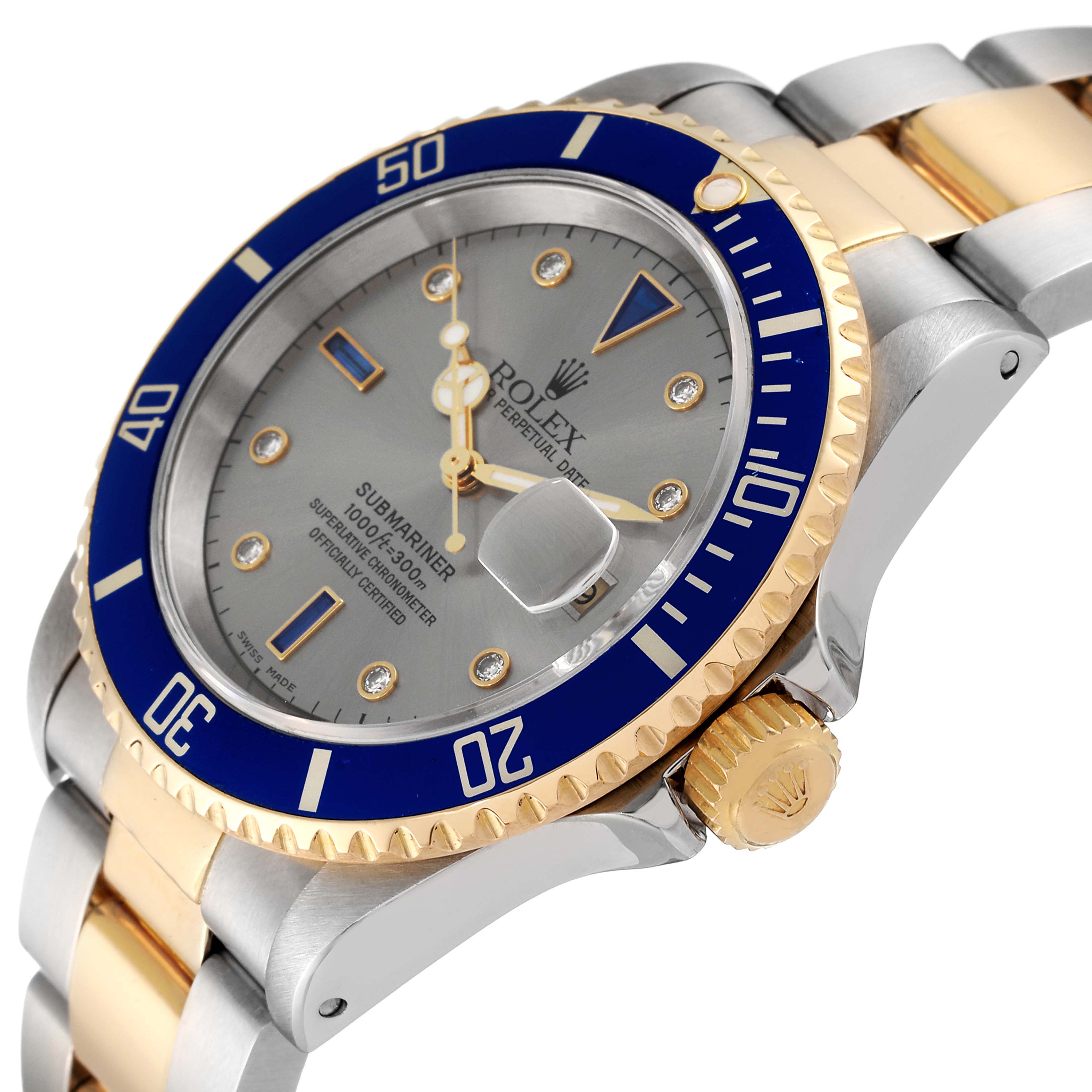 This image shows a close-up of the Rolex Submariner 16613 Men's Steel and Gold (two tone) Grey Dial 16613 Men's Steel and Gold (two tone) Grey Dial's face, bezel, crown, and part of the bracelet.